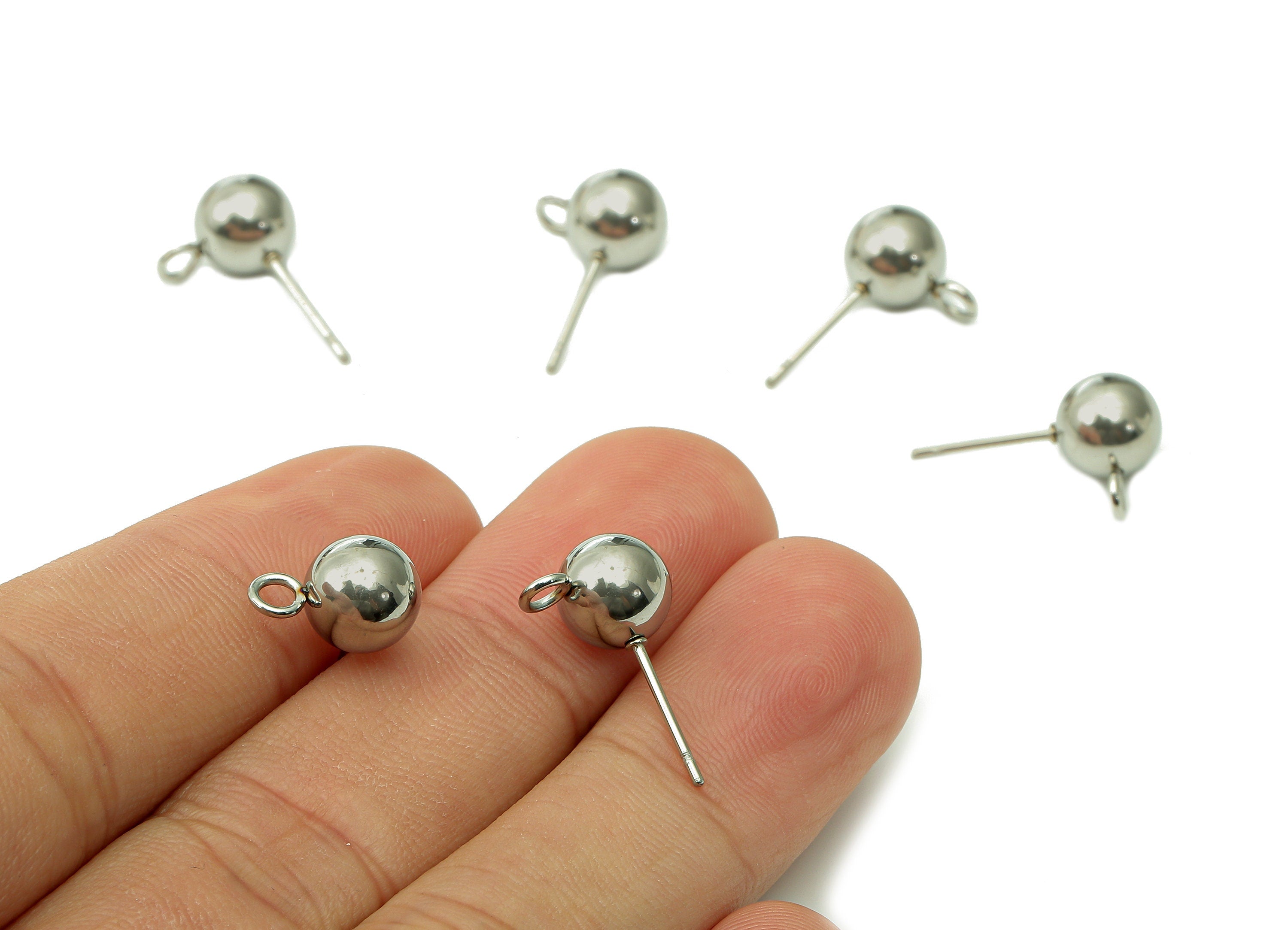 Steel Ball Earring Stud - Silver Earring Post With Loop - Ball Stud Earring Charm - 316 Stainless Steel - 18.94x7.98x0.7mm - SS1407-8 - DOMEDBAZAAR