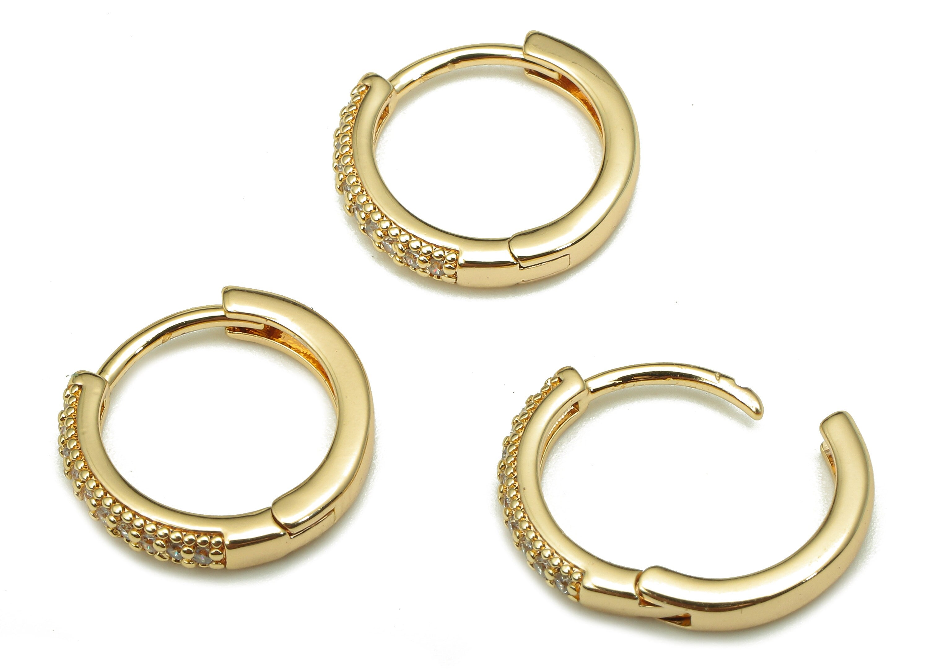 Brass Round Huggie Earring Clasp - Gold Huggie Hoop Earring - Circle Hoop With Zircons - 18K Real Gold Plating - 14.3x14.3x2.4mm - RGP5249 - DOMEDBAZAAR