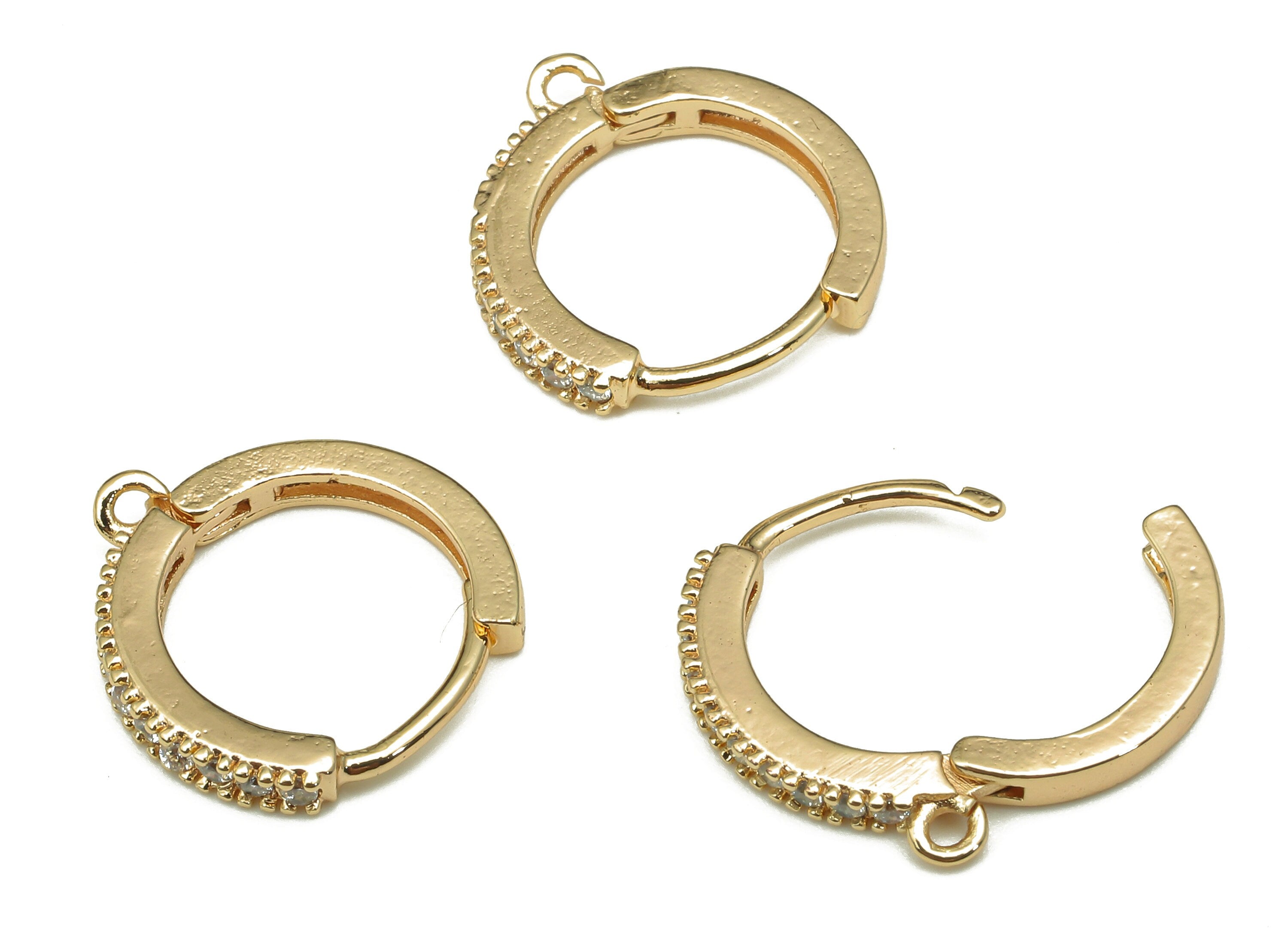 Brass Round Earring Clasp - Gold Huggie Hoop With Loop - Circle Pendant With Zircons - 18K Real Gold Plating Charm - 14.7x13.8x2mm - RGP5254 - DOMEDBAZAAR