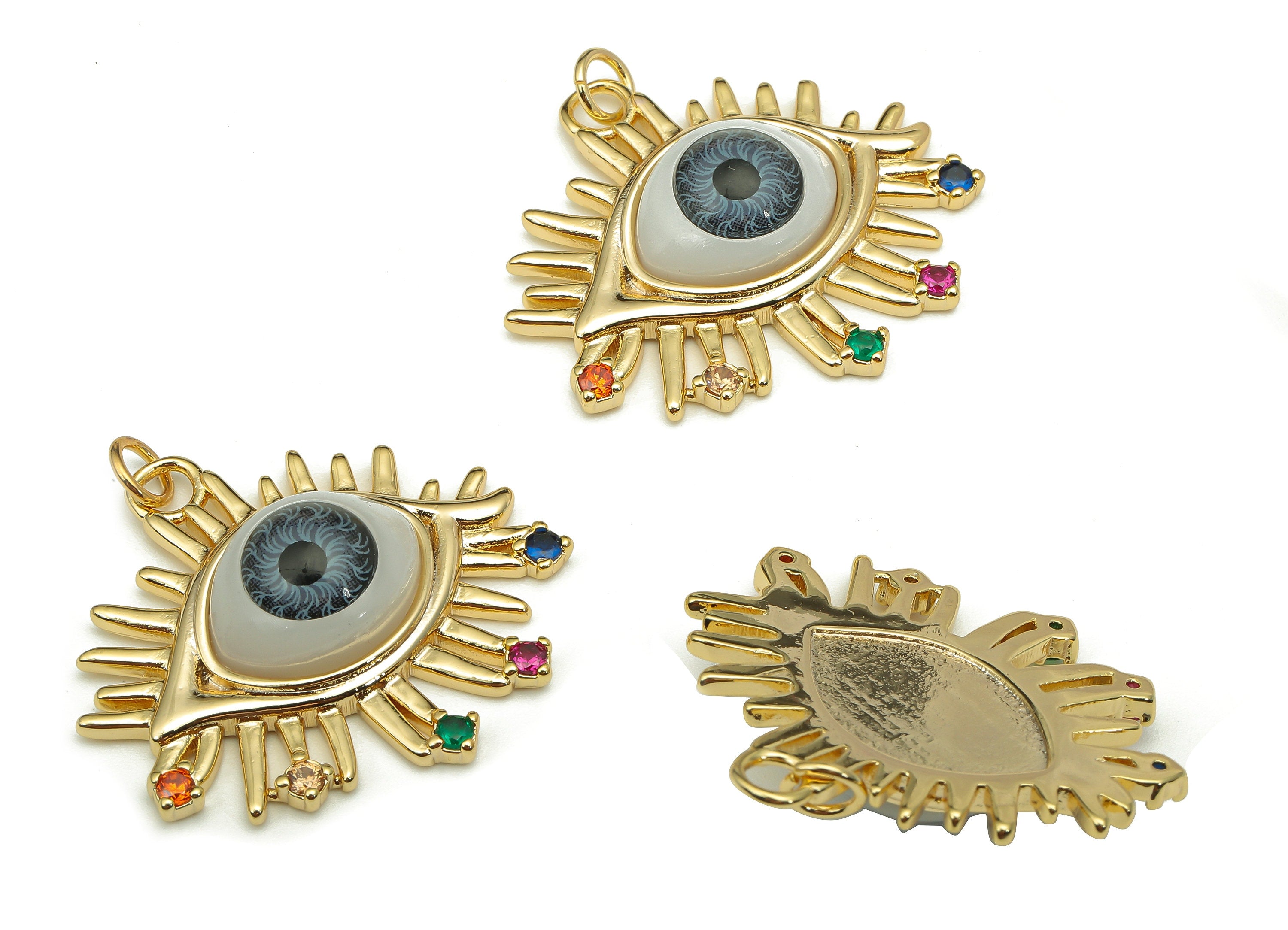 Brass Acrylic Eye Charm - Rainbow Zircon Grey Eyeball Earring - Eyelash Pendant With Loop - 18K Real Gold Plating - 31.3x28.3x7.5mm -RGP5268 - DOMEDBAZAAR