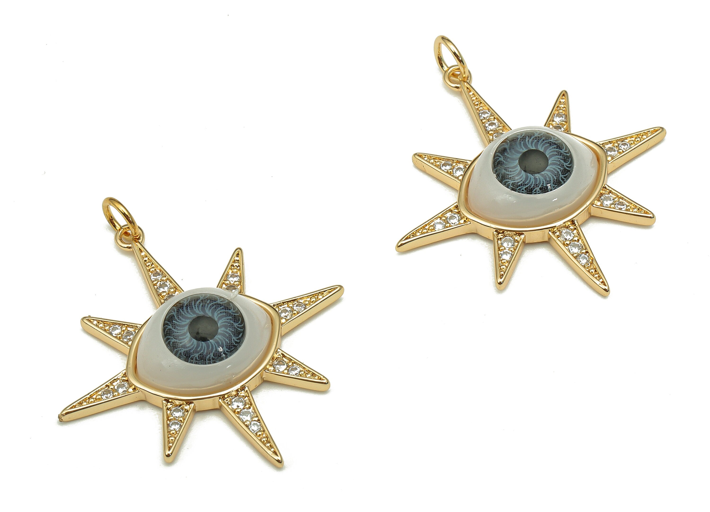 Brass Acrylic Star Eye Charm - Zircon Grey Eyeball Earring - Eyelash Pendant With Loop - 18K Real Gold Plating - 35.7x30.7x7.1mm - RGP5270 - DOMEDBAZAAR