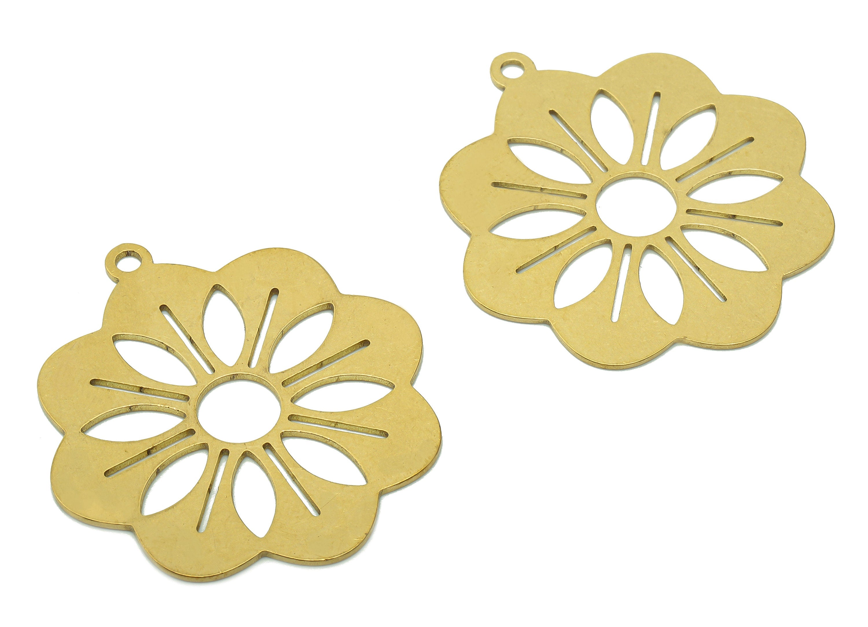 Brass Flower Earring Charms - Raw Brass Hollow Flower Earring - Pendant With Loop - Botanical Charm For Necklace - 35.8x32.9x0.7mm - PPA5777 - DOMEDBAZAAR