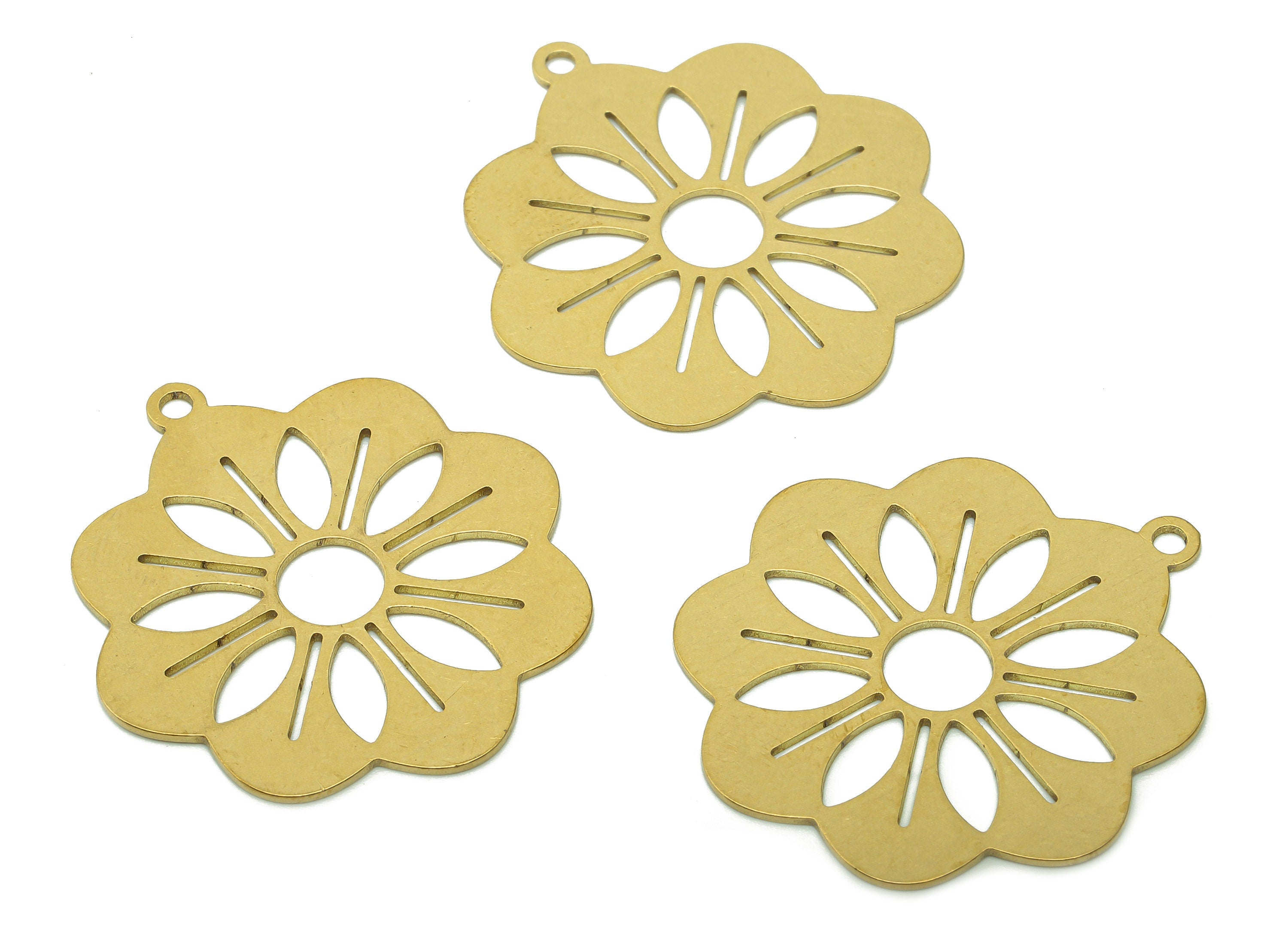 Brass Flower Earring Charms - Raw Brass Hollow Flower Earring - Pendant With Loop - Botanical Charm For Necklace - 35.8x32.9x0.7mm - PPA5777 - DOMEDBAZAAR