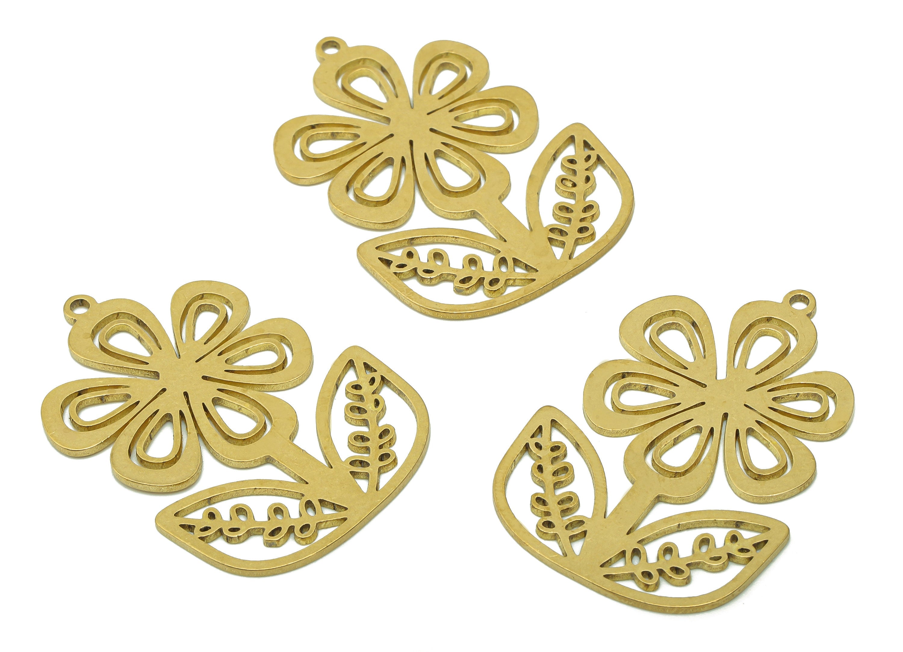 Brass Flower Earring Charms - Raw Brass Hollow Leaf Earring - Pendant With Loop - Botanical Charm For Necklace - 35.9x24.7x0.9mm - PPA5784 - DOMEDBAZAAR