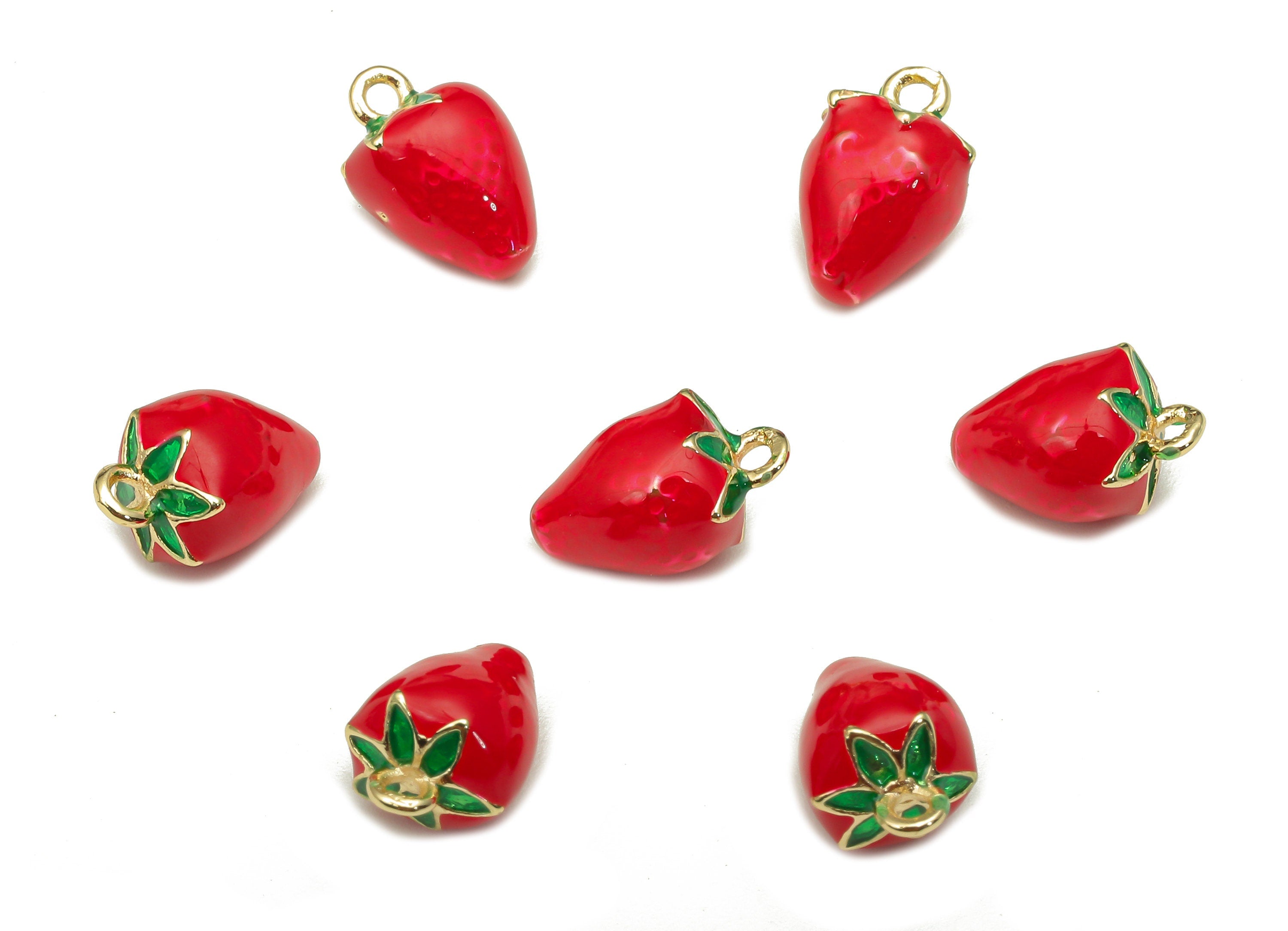 Brass Red Strawberry Earring Charm - Enamel Mini Fruit Charm - Figure Pendant With Loop - 18K Real Gold Plating - 10.7x6.6x6.6mm -RGP5277 - DOMEDBAZAAR