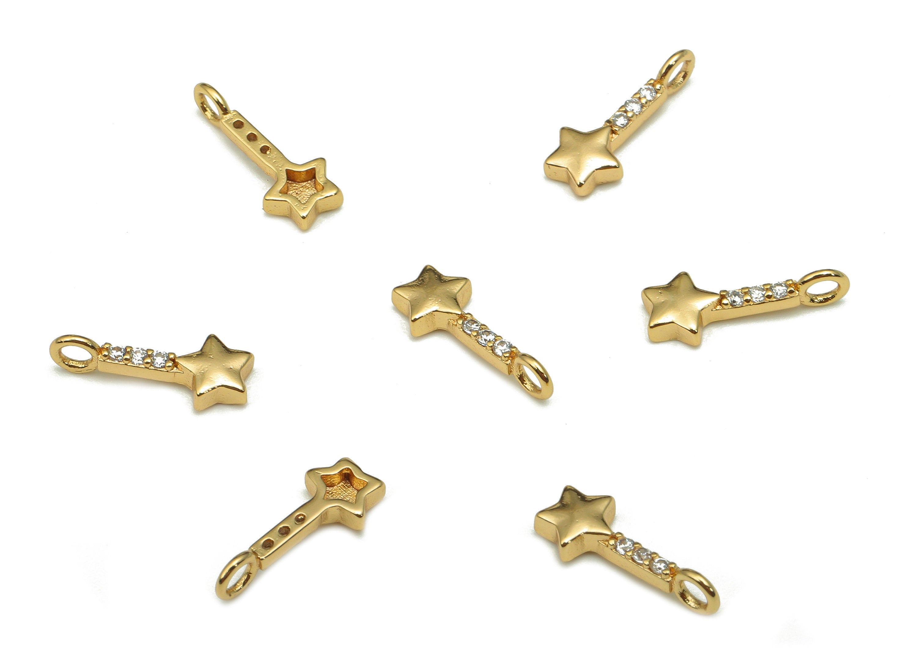 Brass Mini Star Magic Earring - Zircon Star Bar Charm - Long Stick Star Pendant With Loop - 18K Real Gold Plating - 11.9x4.6x1.9mm - RGP5282 - DOMEDBAZAAR
