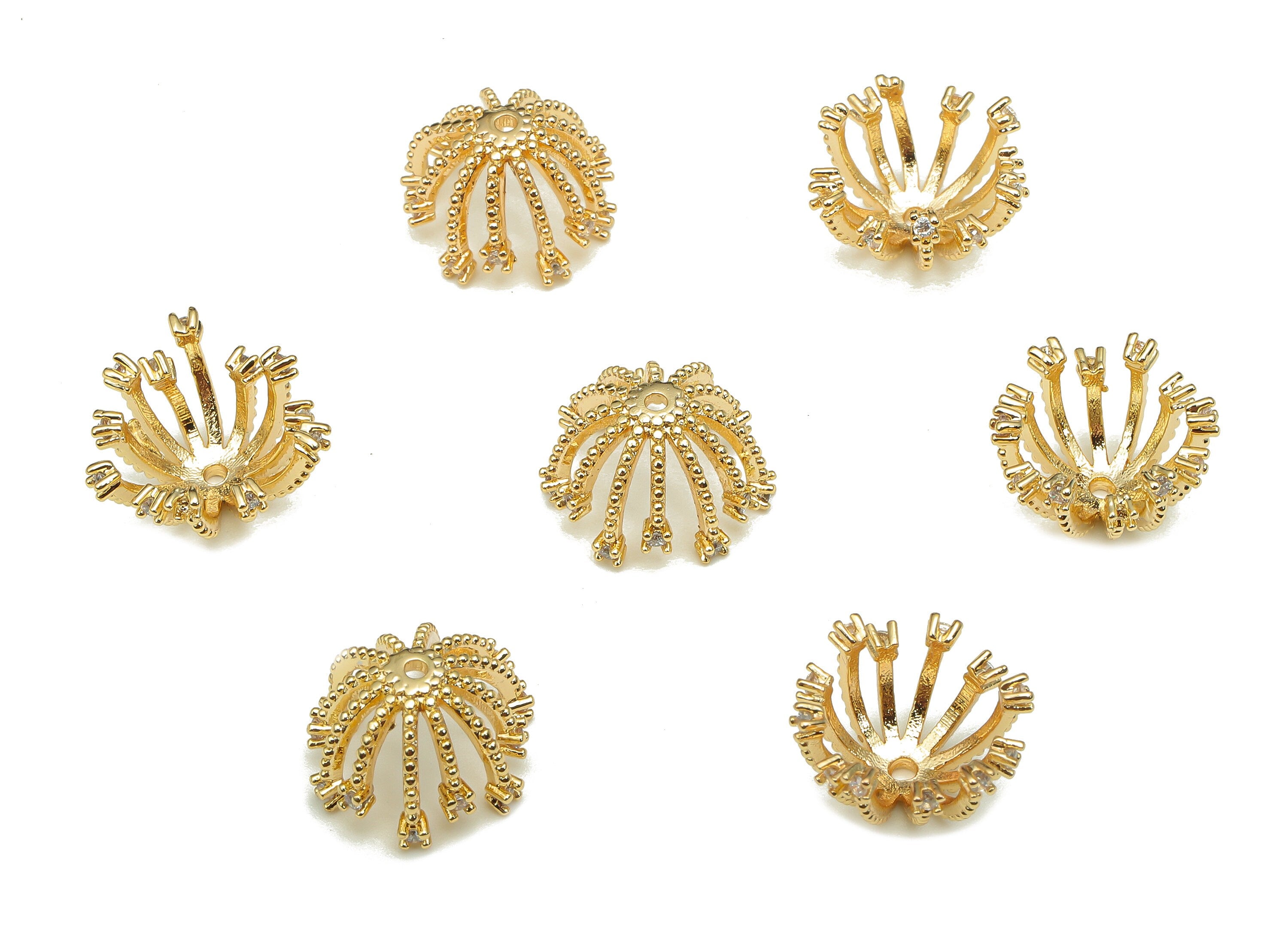 Brass Flower Bead Caps - Gold Flower Cap Ends - Flower With Zircon - 18K Real Gold Plating - 12.8x7.9x2.3mm - RGP5284 - DOMEDBAZAAR