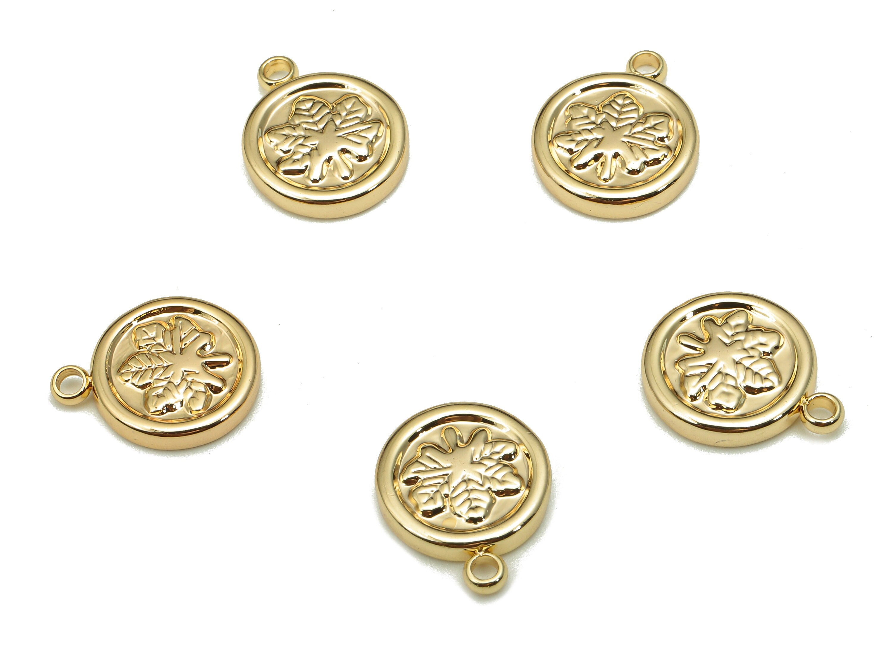 Brass Leaf Round Earring Charm - Gold Mini Circle Bracelet Charm - Leaves Pendant With Loop - 18K Real Gold Plating - 13x10.5x2.1mm -RGP5285 - DOMEDBAZAAR
