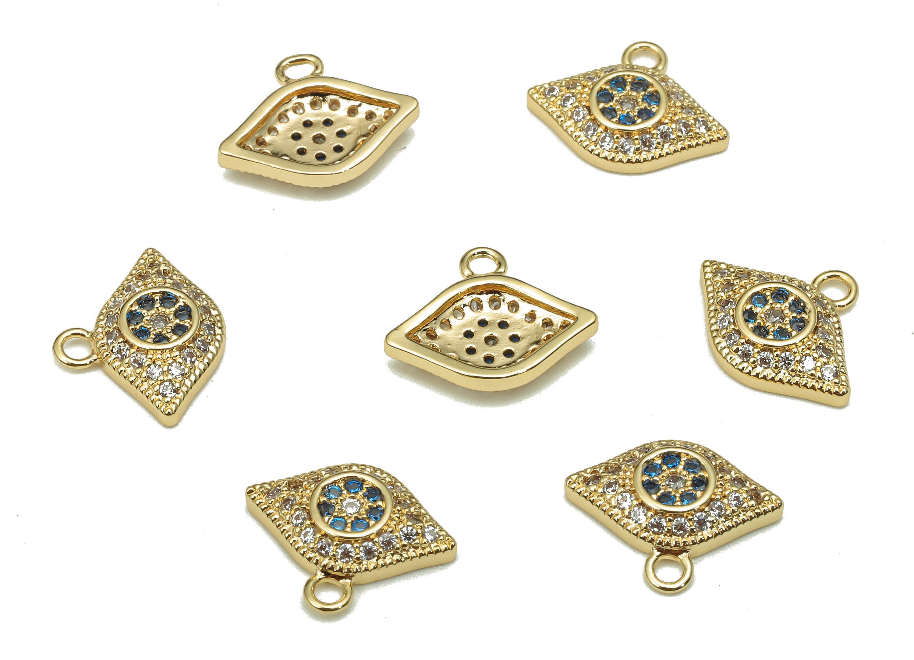 Brass Eye Earring Charm - Zircon Blue Eye Earring - Eye Pendant With Loop - 18K Real Gold Plating Charm - 12.7x10.3x2.2mm - RGP5287 - DOMEDBAZAAR
