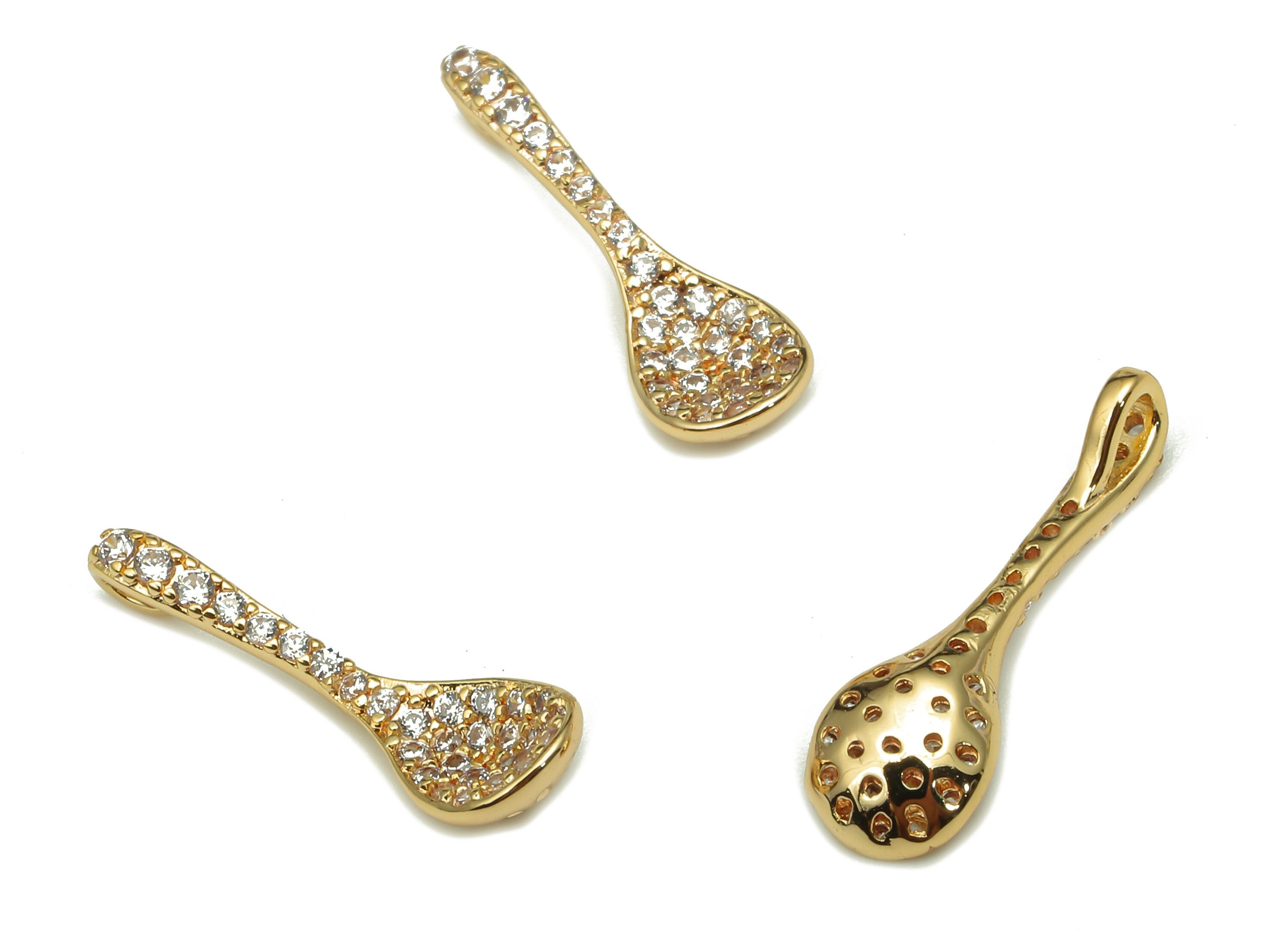 Brass Spoon Earring Charm - Zircon Textured Spoon Earring - Pendant With Loop - Figure Charm - 18K Real Gold Plating -17.3x5.2x1.4mm-RGP5290 - DOMEDBAZAAR
