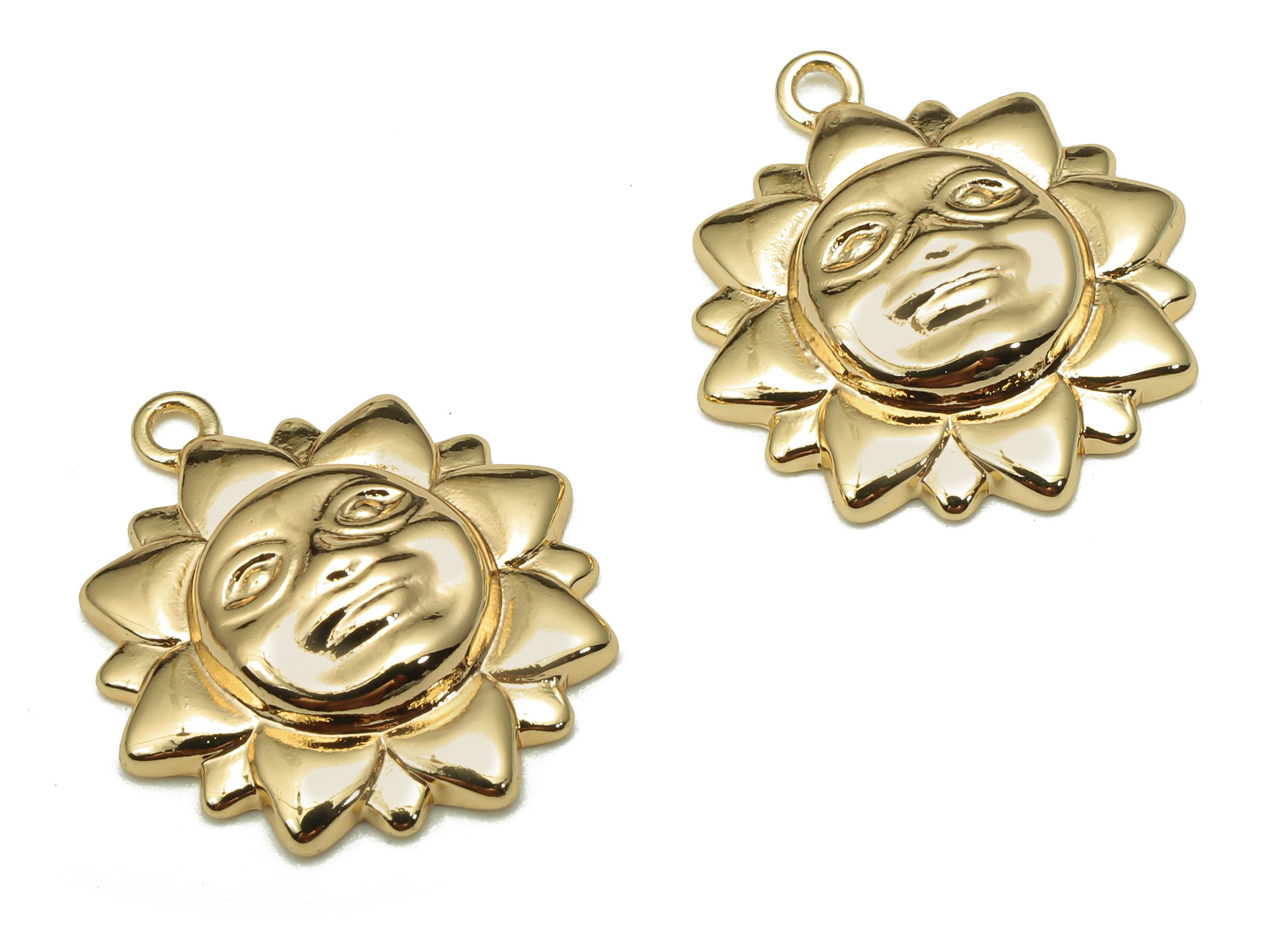 Brass Sun Face Earring Charm - Gold Moon Face Earring - Sun Pendant With Loop - 18K Real Gold Plating - 18.8x15.8x1.8mm - RGP5295 - DOMEDBAZAAR