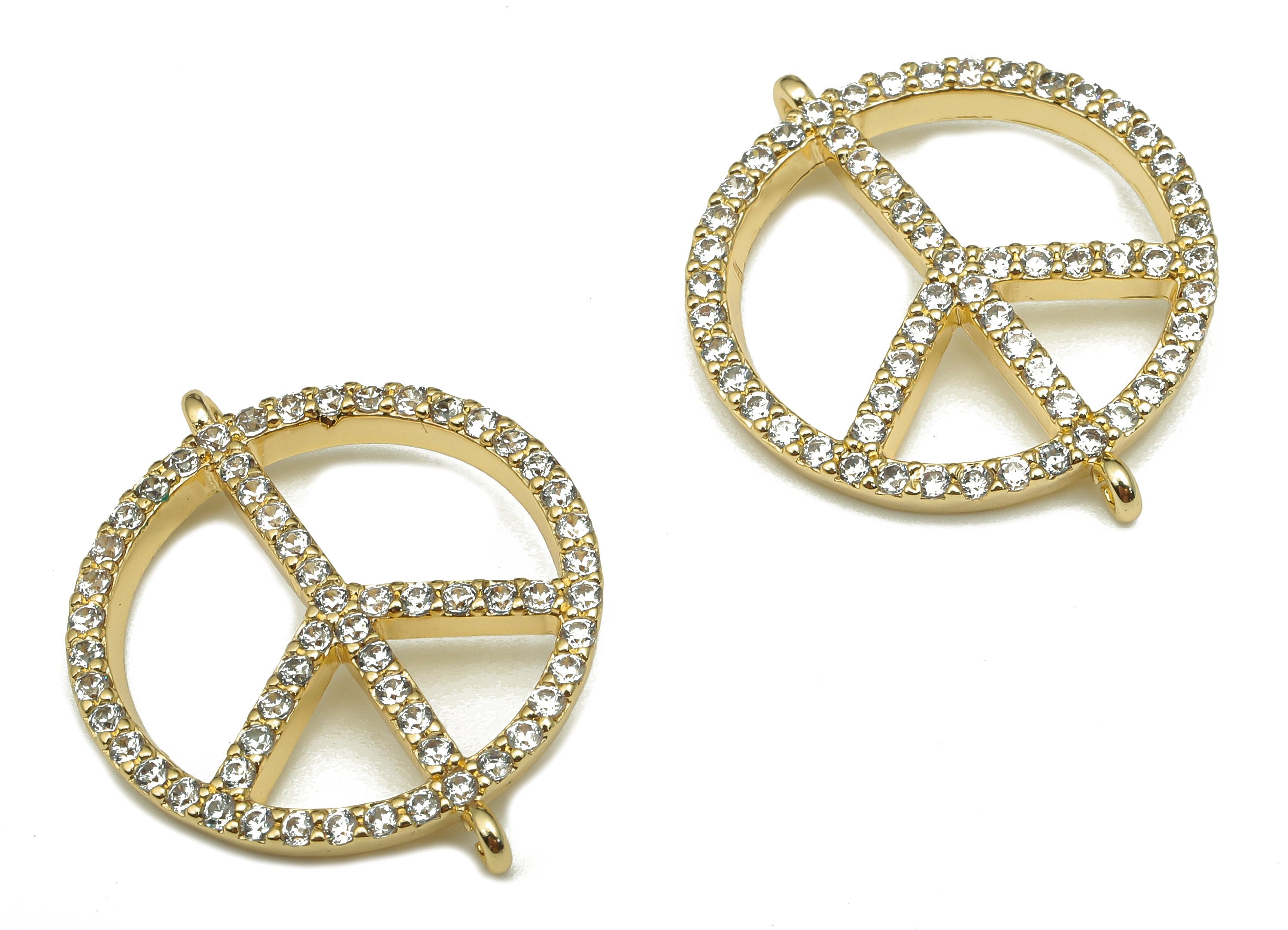 Brass Piece Sign Earring Connector - Zircon Circle Piece Charm - Round Pendant With 2 Loop - 18K Real Gold Plating - 27.8x22.3x2.5mm-RGP5300 - DOMEDBAZAAR