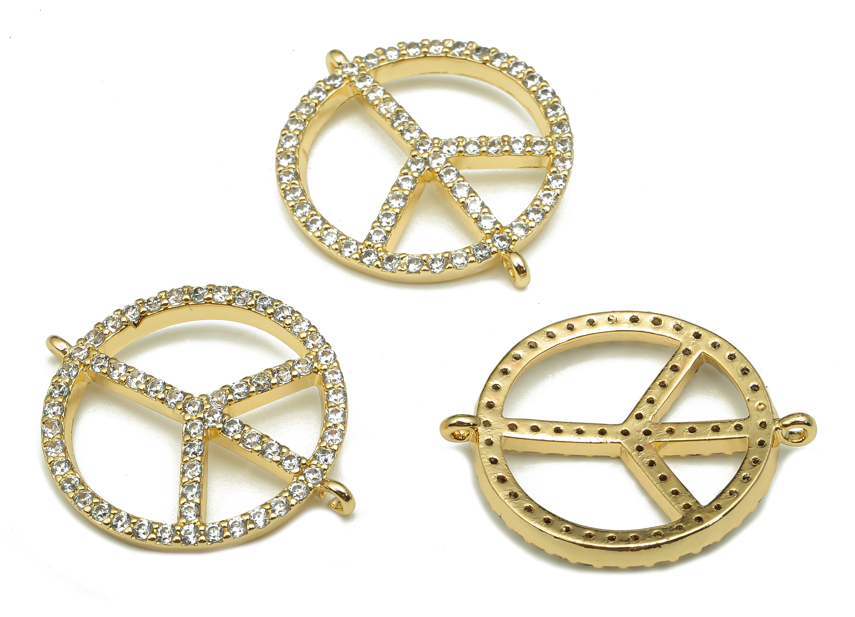 Brass Piece Sign Earring Connector - Zircon Circle Piece Charm - Round Pendant With 2 Loop - 18K Real Gold Plating - 27.8x22.3x2.5mm-RGP5300 - DOMEDBAZAAR