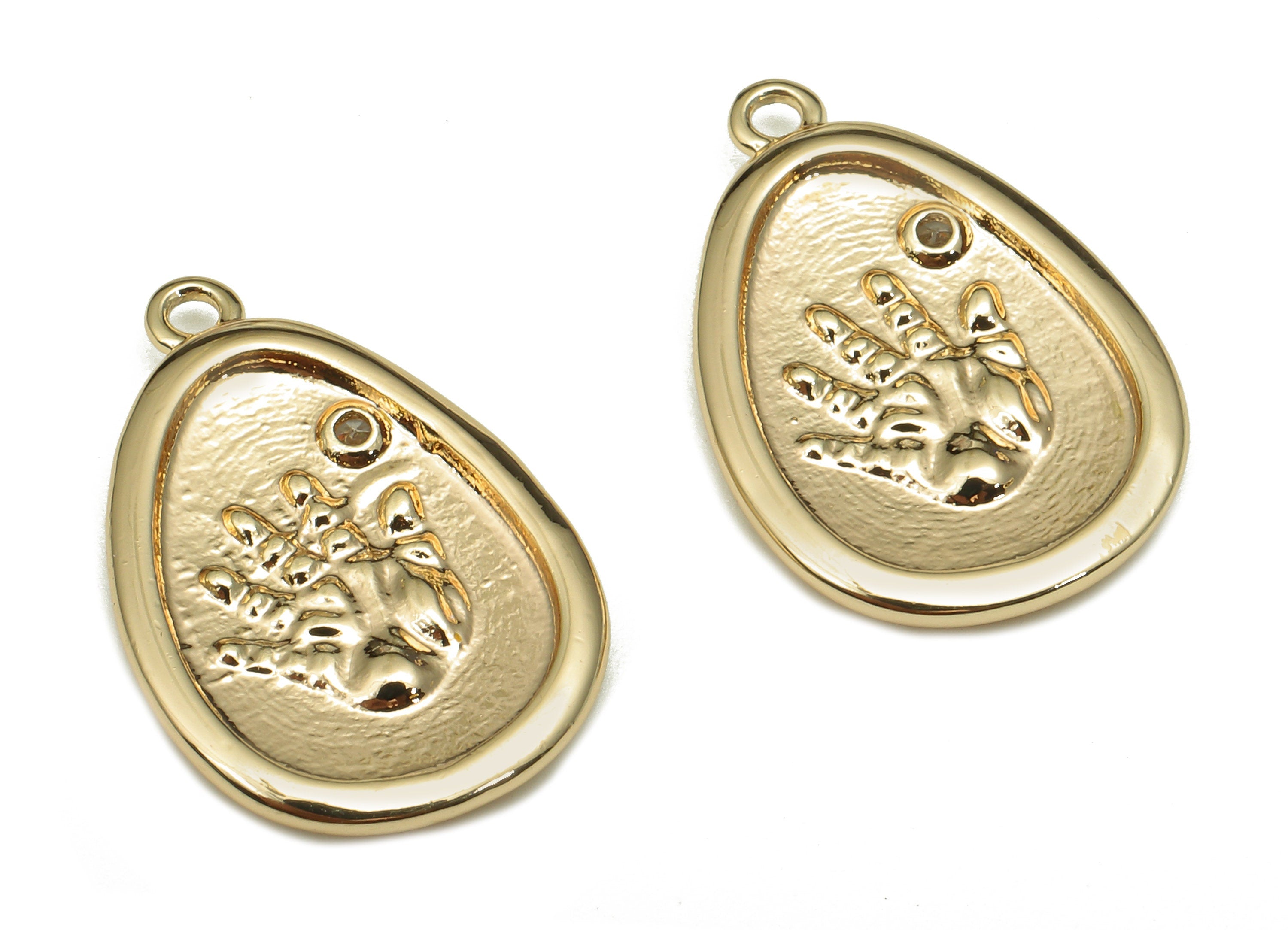 Brass Handprint Oval Earring - Zircon Hand Pendant With Loop - Wish Charm For Necklace - 18K Real Gold Plating - 20.6x14x2.1mm - RGP5305 - DOMEDBAZAAR