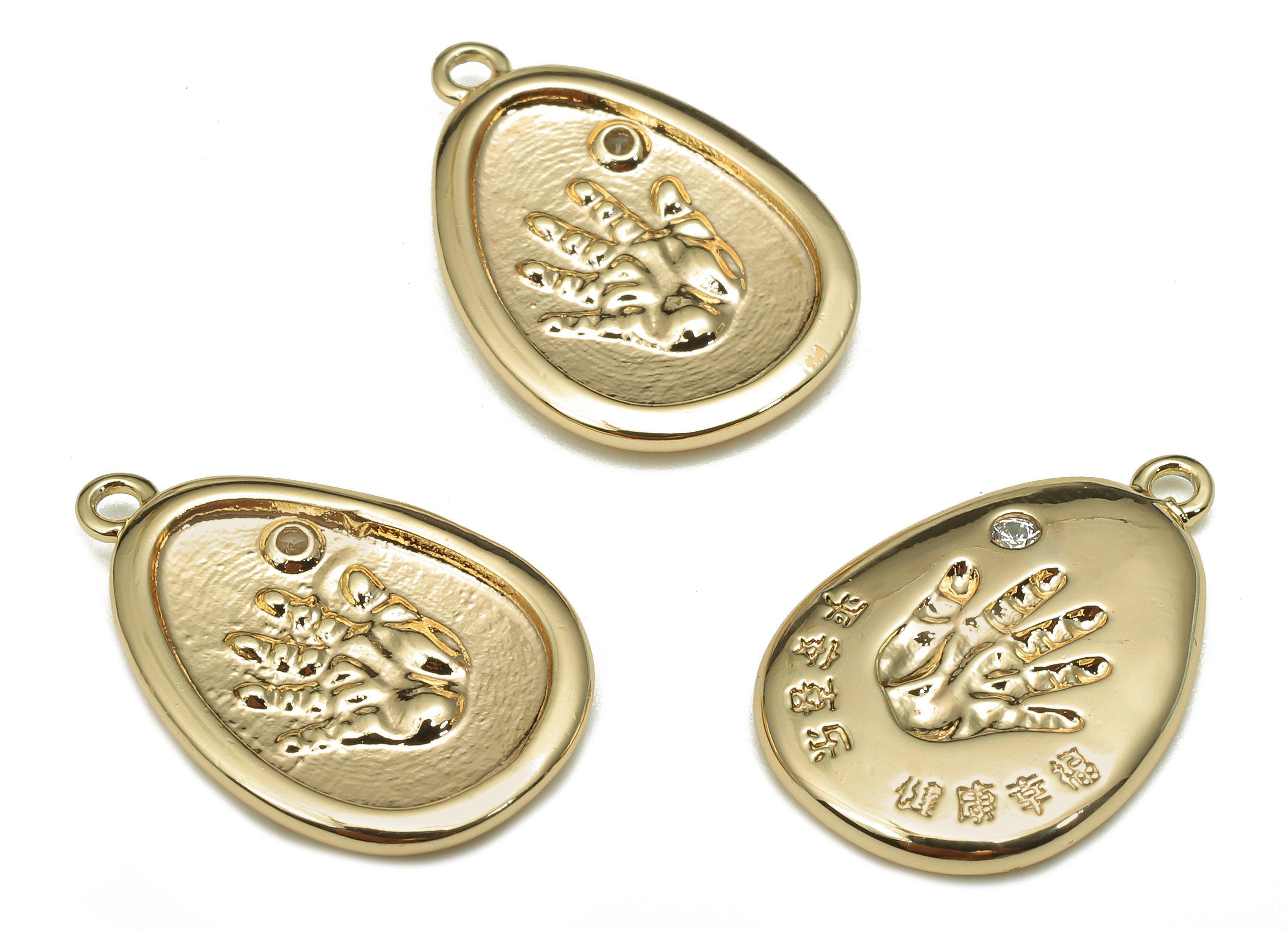 Brass Handprint Oval Earring - Zircon Hand Pendant With Loop - Wish Charm For Necklace - 18K Real Gold Plating - 20.6x14x2.1mm - RGP5305 - DOMEDBAZAAR