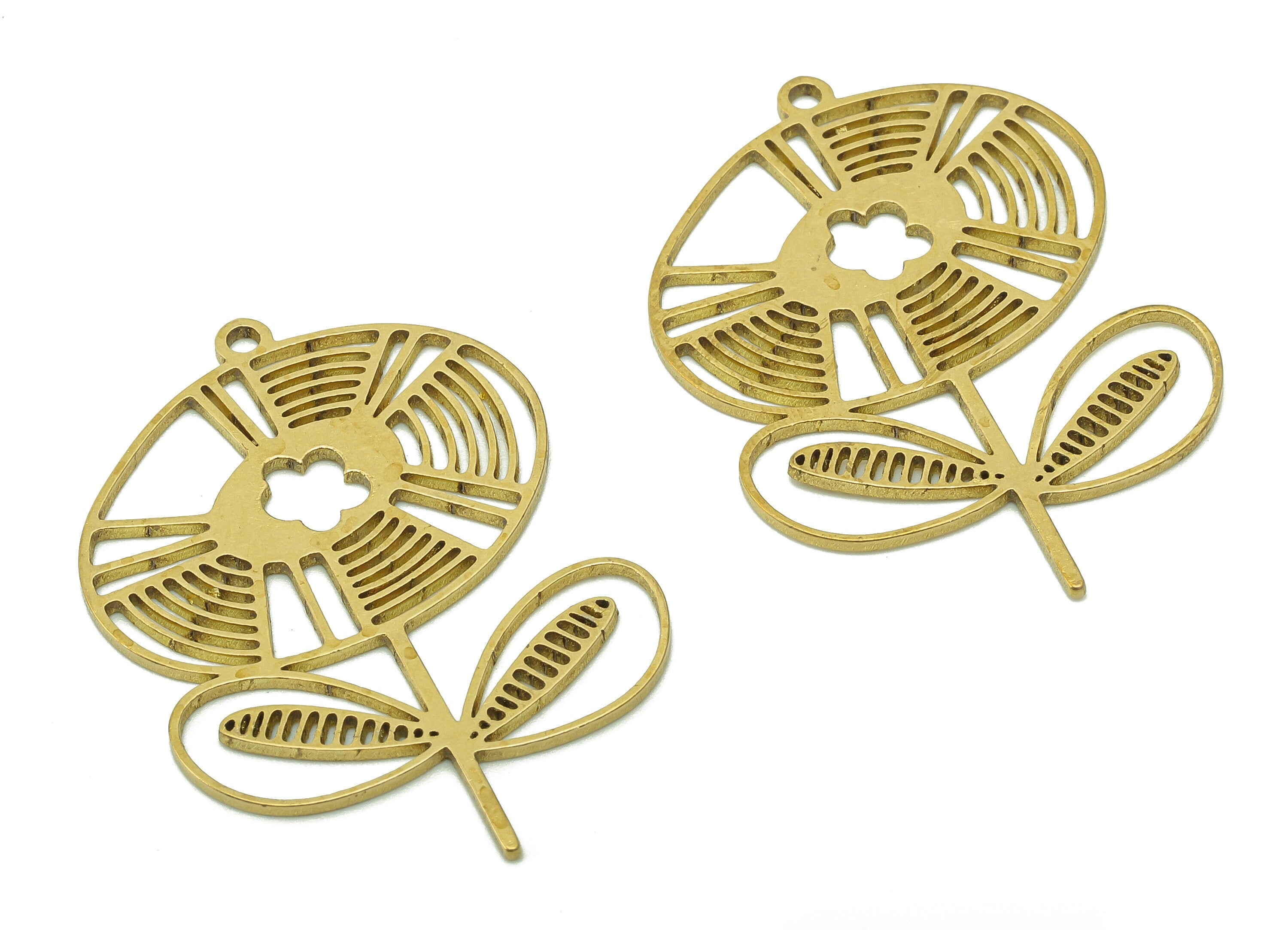 Brass Fan Flower Charms - Raw Brass Cutout Earring - Botanical Pendant With Loop - Leaf Charm For Necklace - 35.7x35.1x0.9mm - PPA5789 - DOMEDBAZAAR