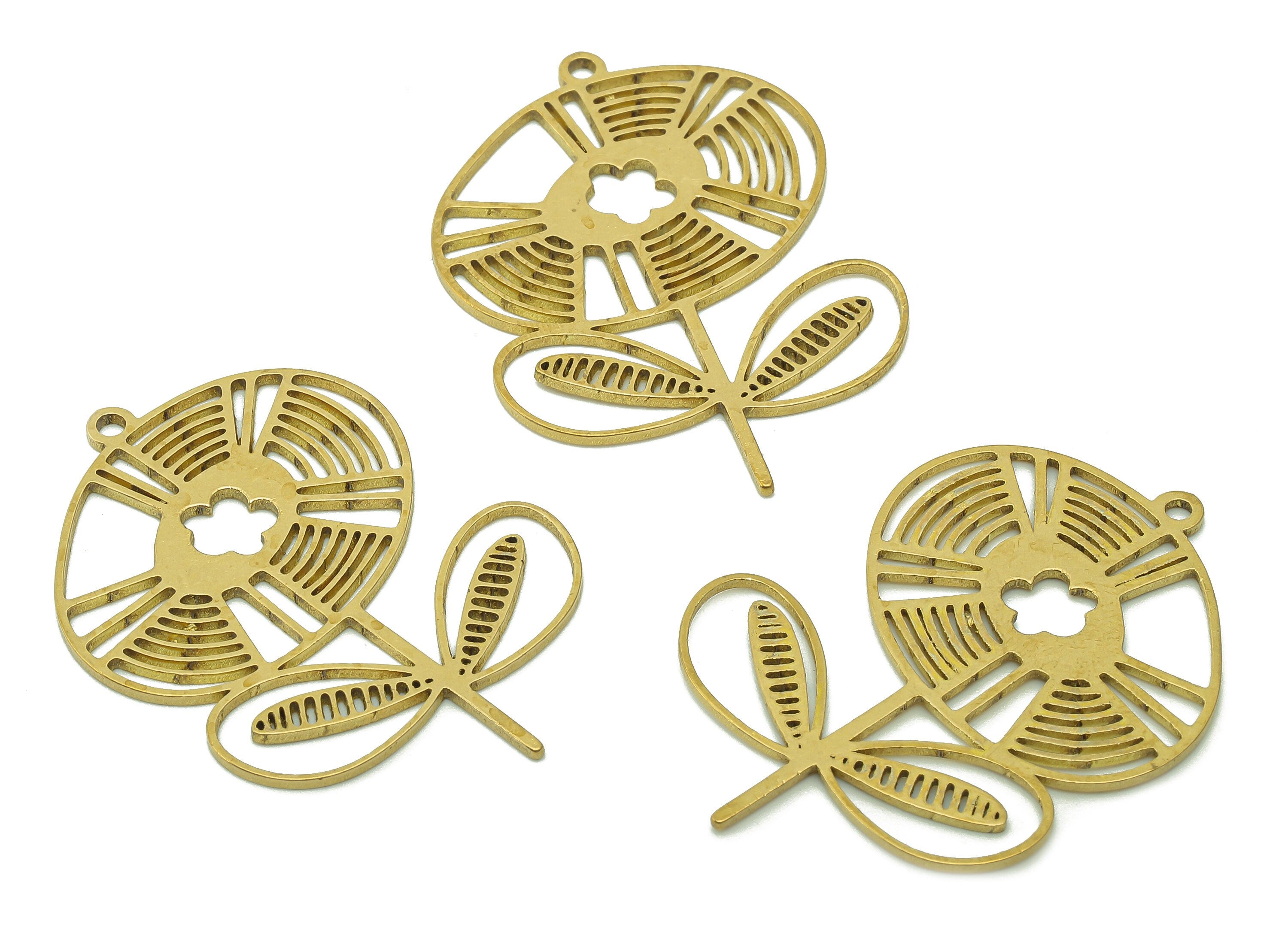 Brass Fan Flower Charms - Raw Brass Cutout Earring - Botanical Pendant With Loop - Leaf Charm For Necklace - 35.7x35.1x0.9mm - PPA5789 - DOMEDBAZAAR