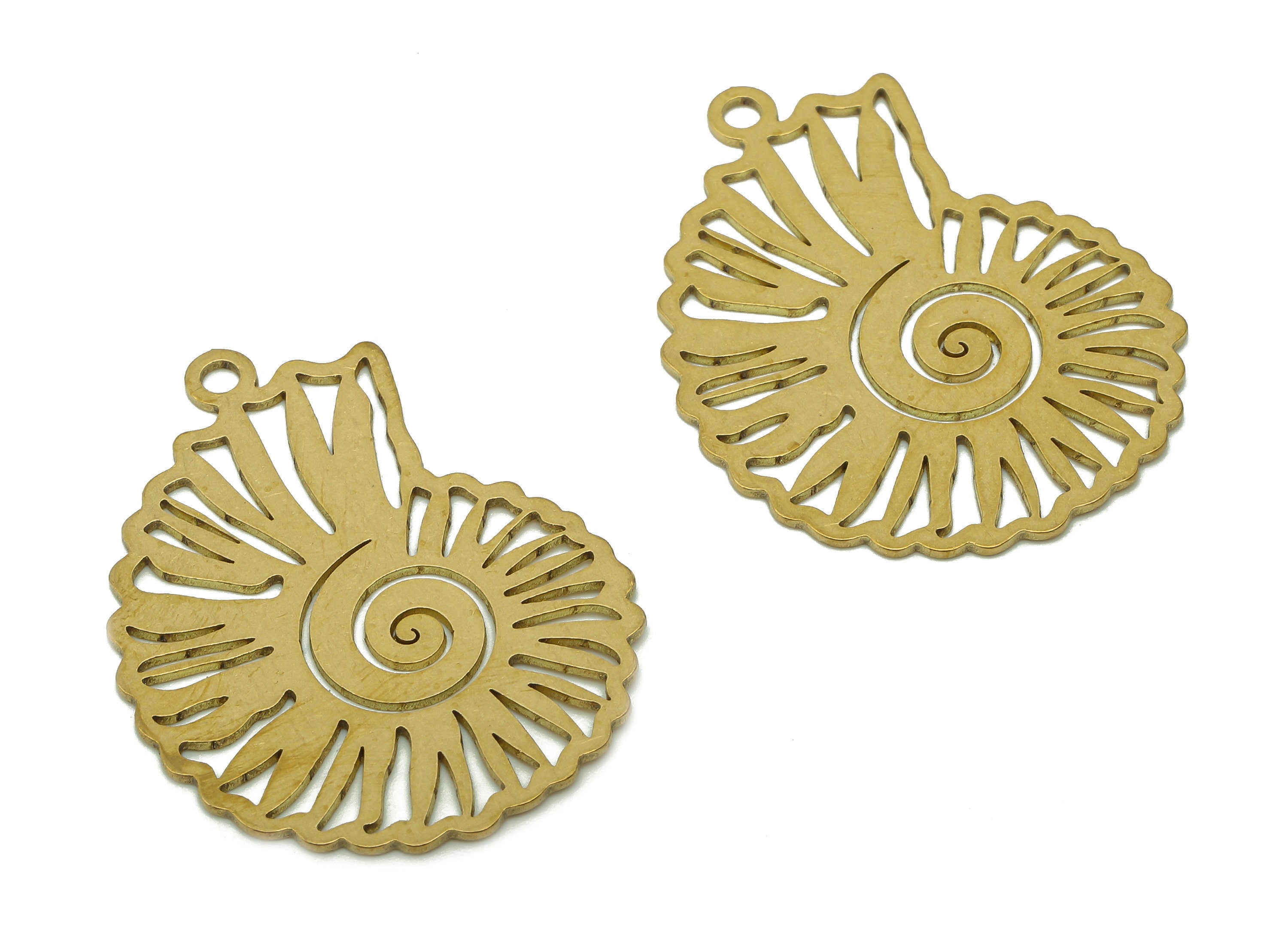 Brass Geometric Spiral Earring Charm - Raw Brass Swirl Earring - Snail Pendant With Loop - Ocean Charm For Necklace -35.9x27.4x0.7mm-PPA5878 - DOMEDBAZAAR