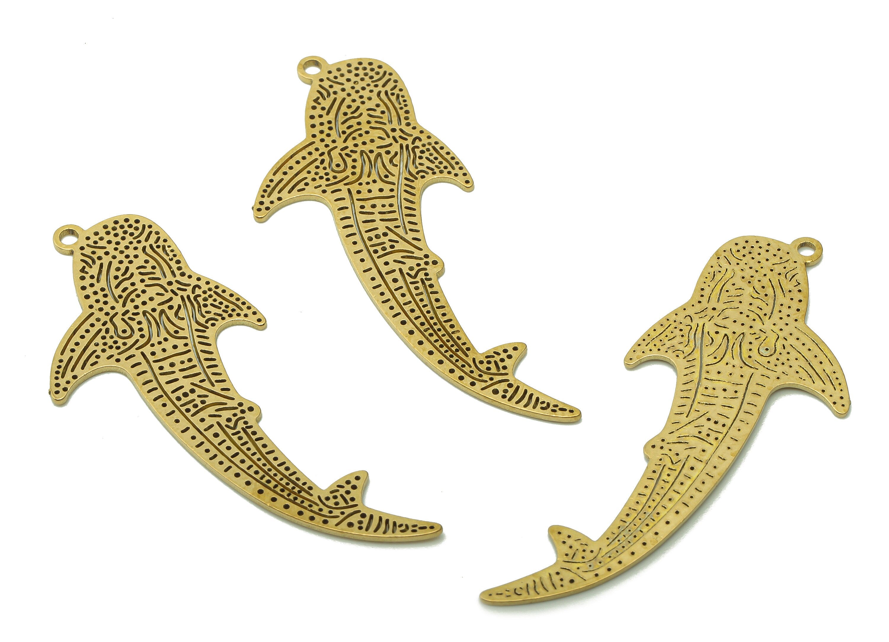 Brass Textured Fish Earring Charms - Raw Brass Dot Shark Earring - Spot Pendant With Loop - Ocean Charm For Necklace-46.1x19.6x0.7mm-PPA5900 - DOMEDBAZAAR