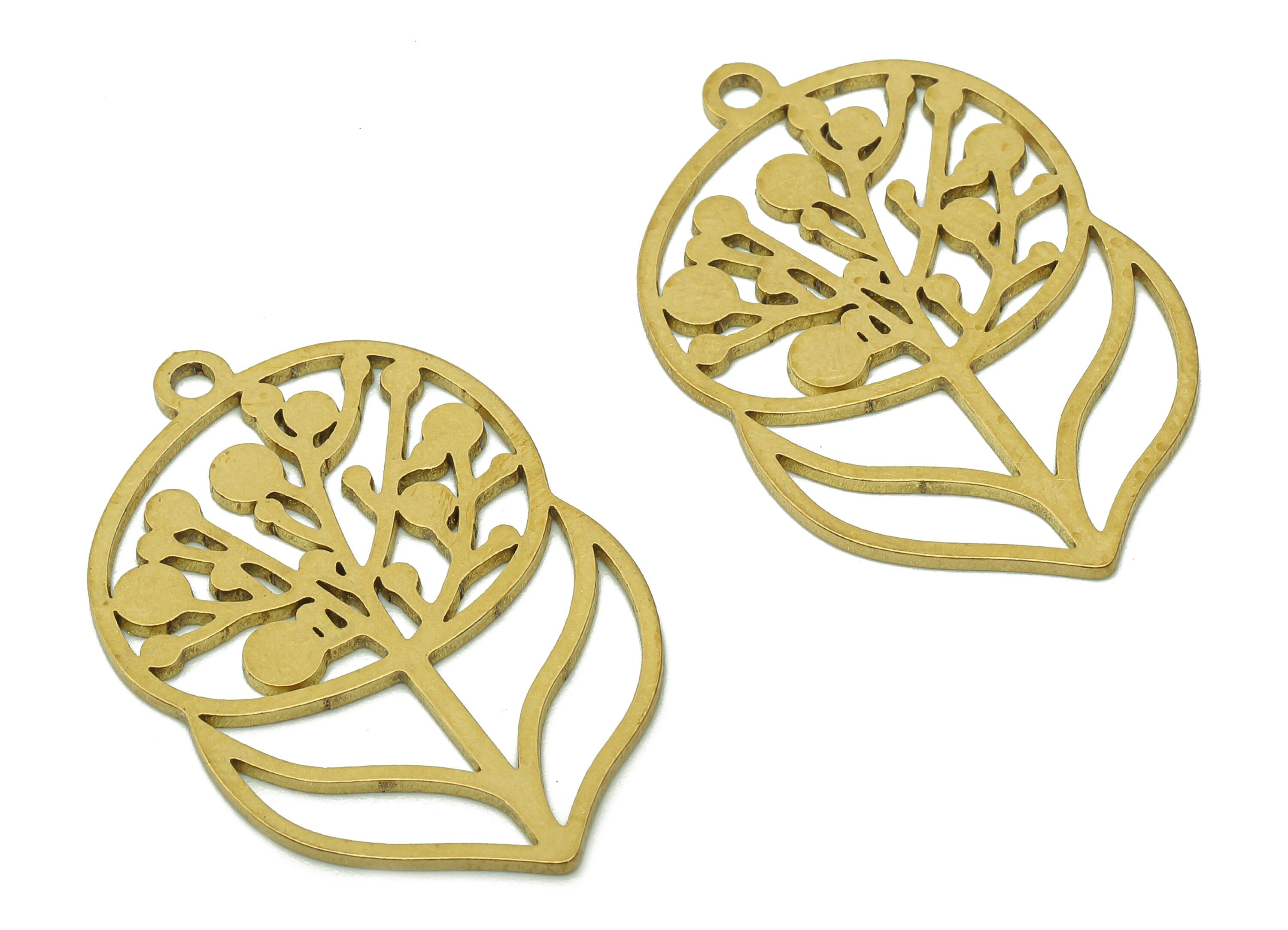 Brass Flower Earring Charms - Raw Brass Hollow Earring - Leaf Pendant With Loop - Botanical Charm For Necklace - 34.9x22.8x0.9mm - PPA5992 - DOMEDBAZAAR