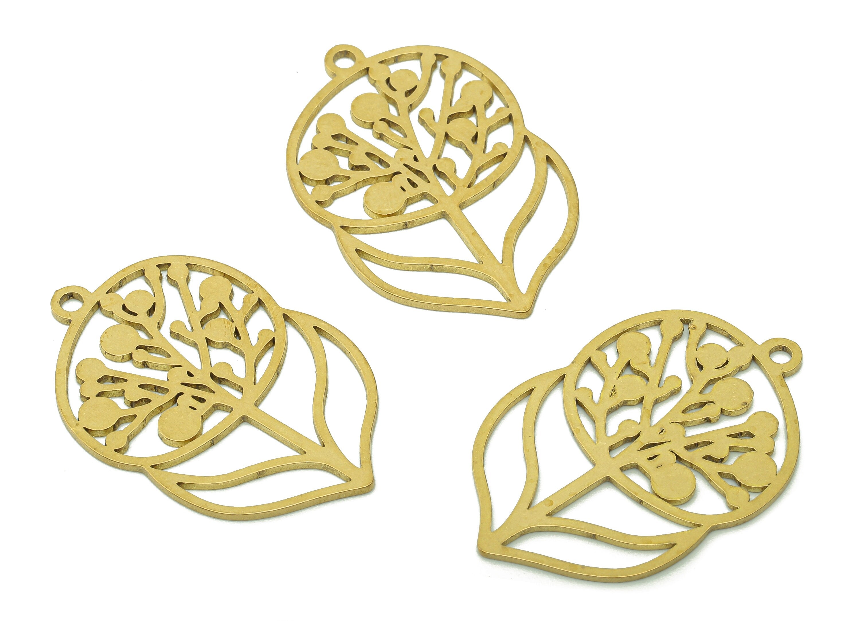 Brass Flower Earring Charms - Raw Brass Hollow Earring - Leaf Pendant With Loop - Botanical Charm For Necklace - 34.9x22.8x0.9mm - PPA5992 - DOMEDBAZAAR