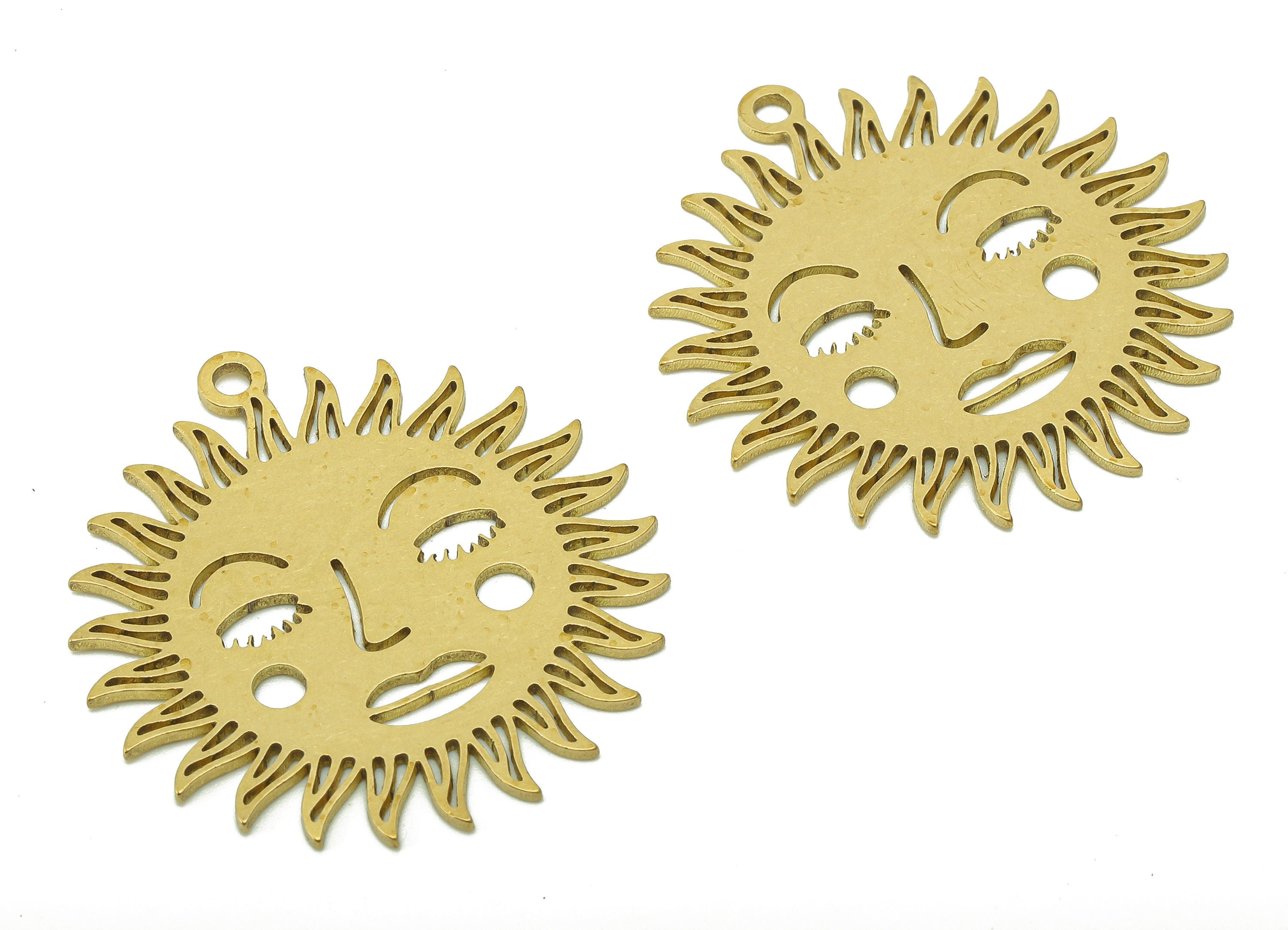 Brass Sun Face Earring Charms - Raw Brass Face Earring - Pendant With Loop - Sun Face Charm For Necklace - 34.8x32.5x0.8mm - PPA6081 - DOMEDBAZAAR