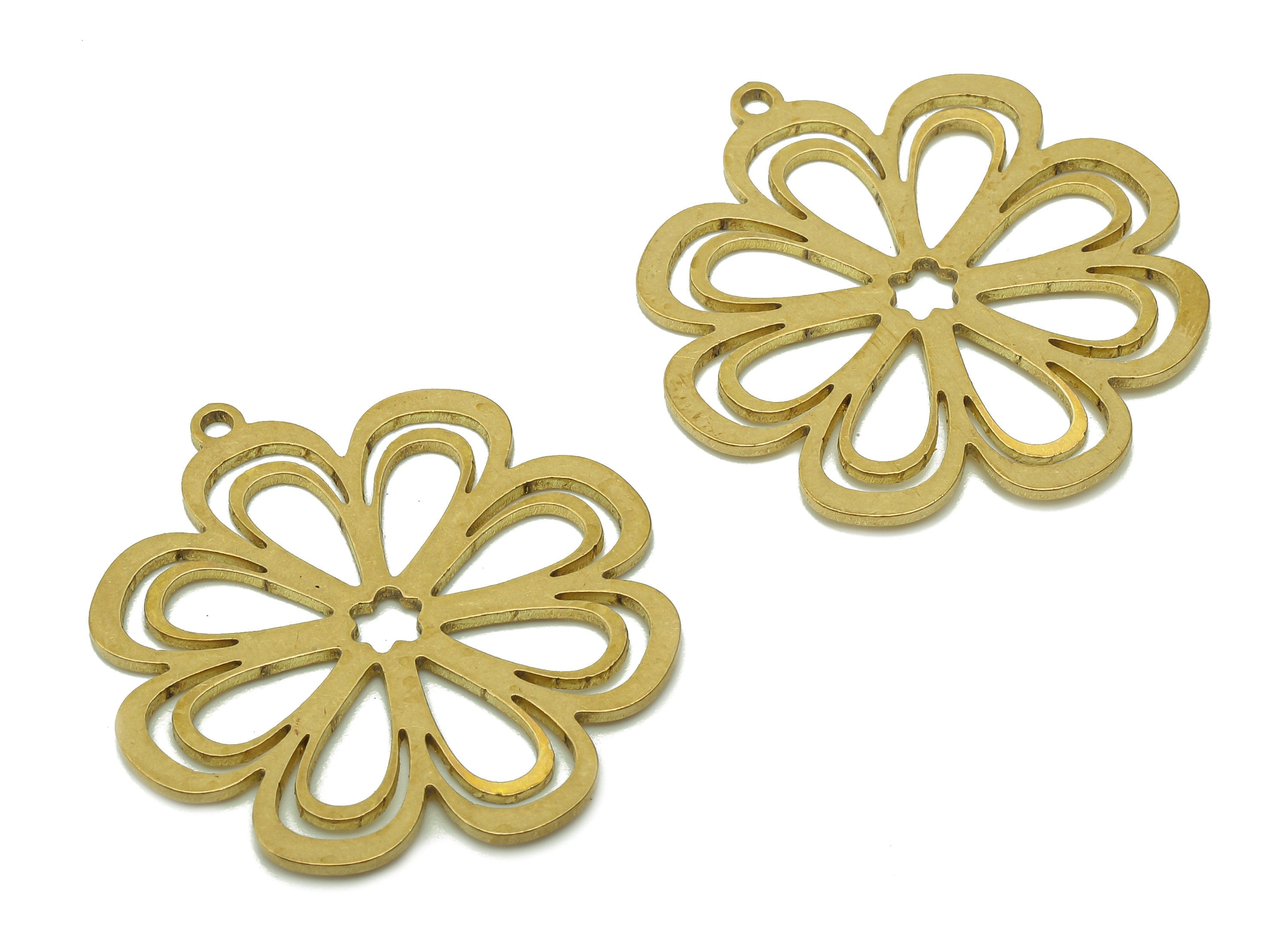 Brass Flower Earring Charms - Raw Brass Flower Earring - Flower Pendant With Loop - Botanical Charm For Necklace - 31.9x28.9x0.9mm - PPA6141 - DOMEDBAZAAR