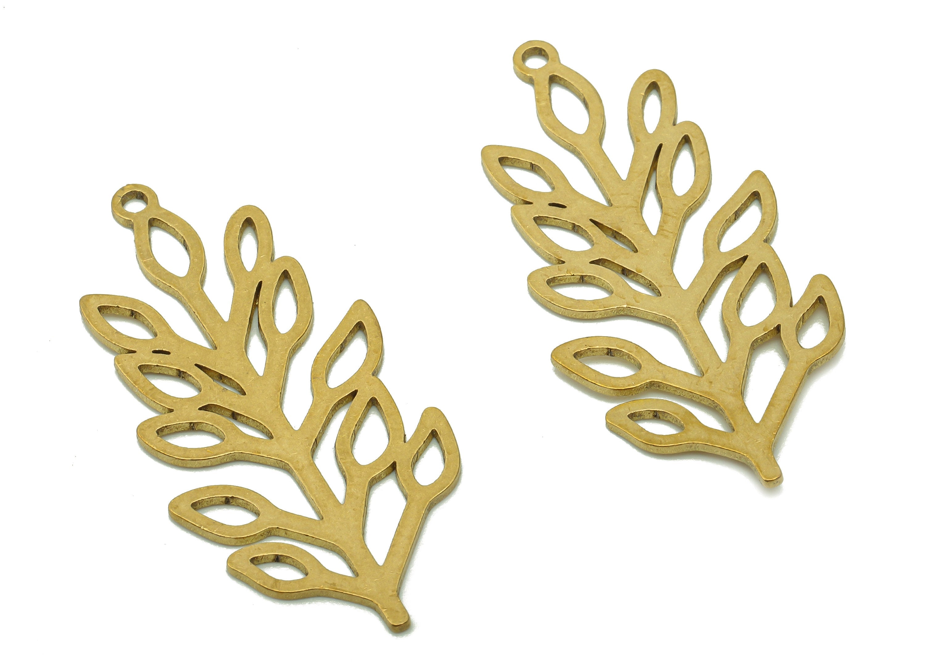 Brass Leaves Earring Charms - Raw Brass Plant Cutout Earring - Botanical Pendant With Loop - Leaf Branch Charm - 37.9x17.9x0.8mm - PPA6202 - DOMEDBAZAAR