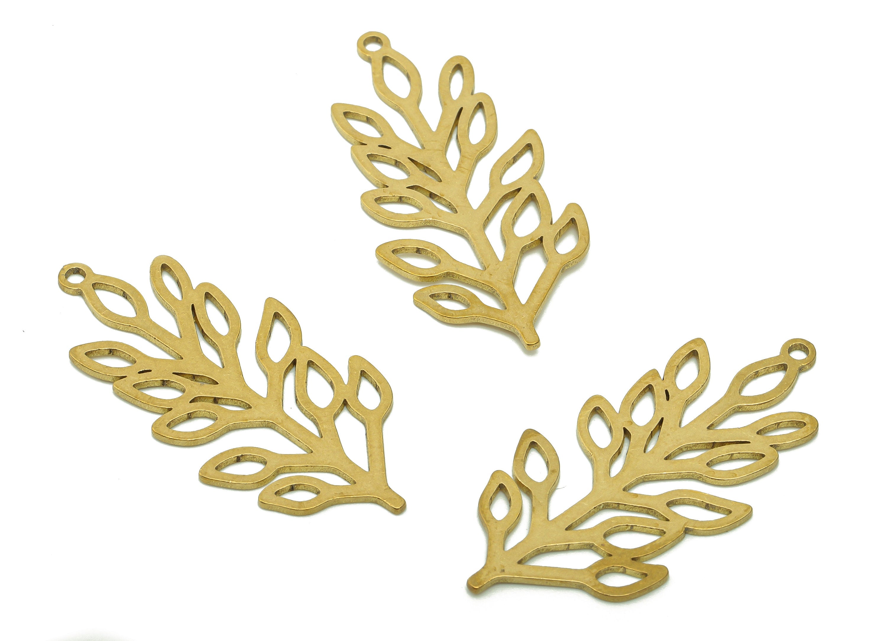 Brass Leaves Earring Charms - Raw Brass Plant Cutout Earring - Botanical Pendant With Loop - Leaf Branch Charm - 37.9x17.9x0.8mm - PPA6202 - DOMEDBAZAAR