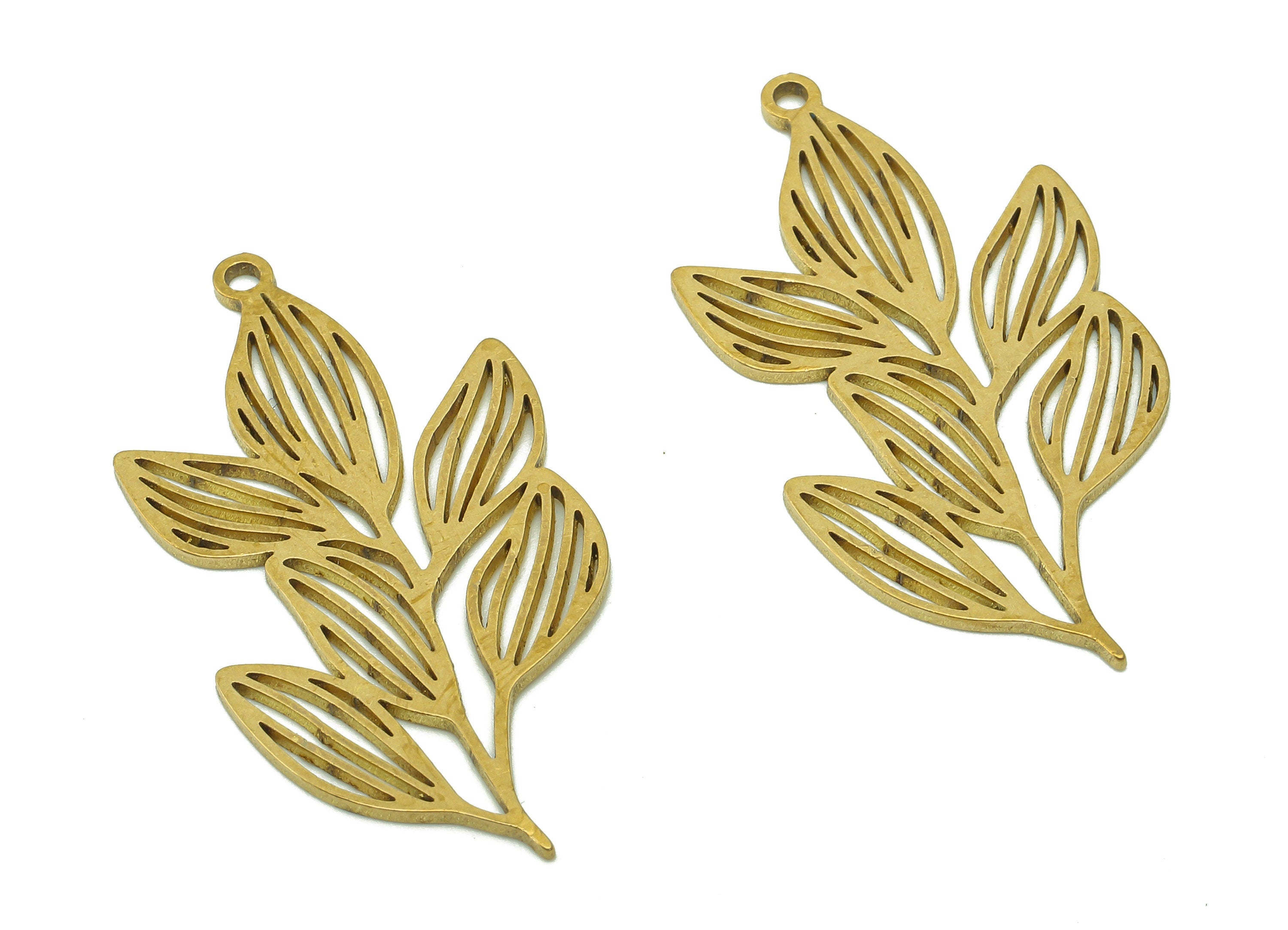 Brass Leaves Earring Charms - Raw Brass Plant Cutout Earring - Botanical Pendant With Loop - Leaf For Necklace - 37.7x19.3x0.9mm - PPA6219 - DOMEDBAZAAR