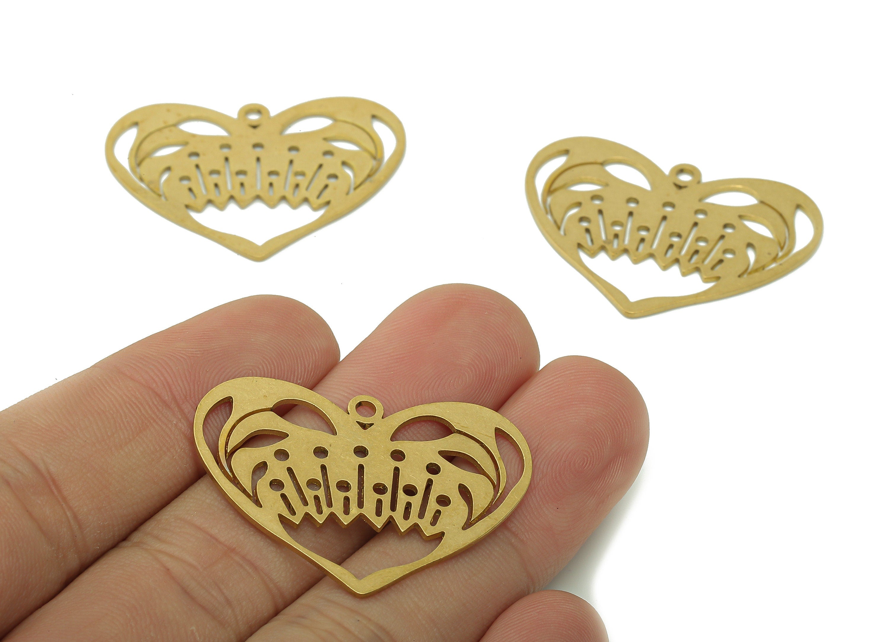 Brass Heart Flower Earring Charm - Raw Brass Monster Cutout Earring - Heart Pendant With Loop - Heart Charm - 35.8x26.3x0.8mm - PPA6270 - DOMEDBAZAAR