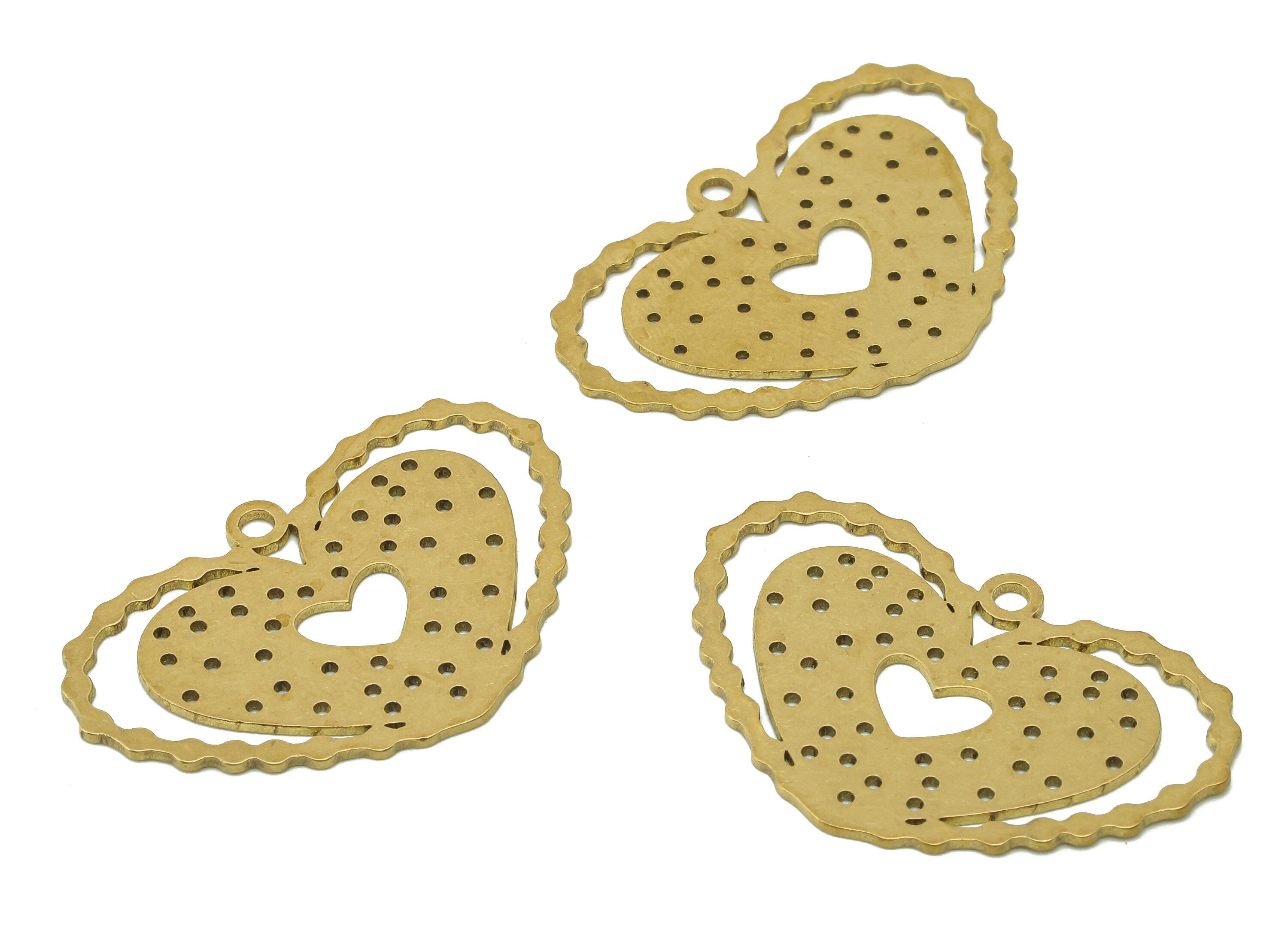 Brass Heart Dots Earring Charm - Raw Brass Bubbles Cutout Earring - Buble Pendant With Loop - Heart Charm - 35.8x25.6x0.7mm - PPA6271 - DOMEDBAZAAR