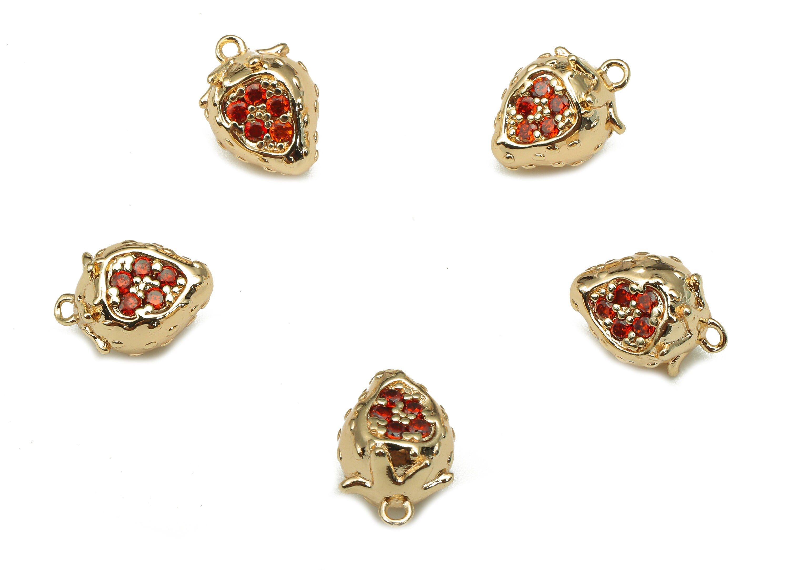 Brass Strawberry Earring Charm - Gold Zircon Mini Fruit Charm - Fruit Pendant With Loop - 18K Real Gold Plating - 11.4x8.2x7mm - RGP5327 - DOMEDBAZAAR