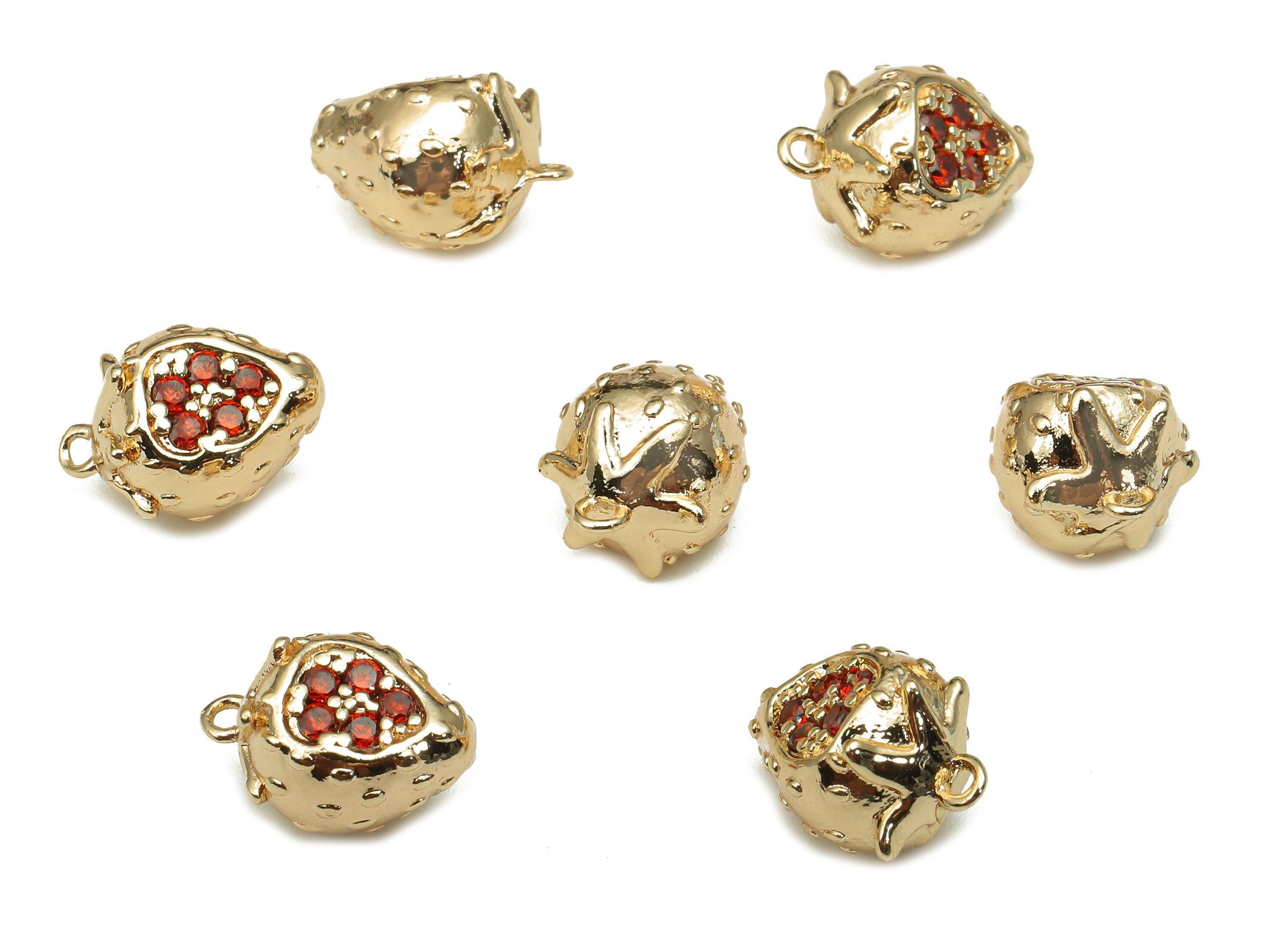 Brass Strawberry Earring Charm - Gold Zircon Mini Fruit Charm - Fruit Pendant With Loop - 18K Real Gold Plating - 11.4x8.2x7mm - RGP5327 - DOMEDBAZAAR