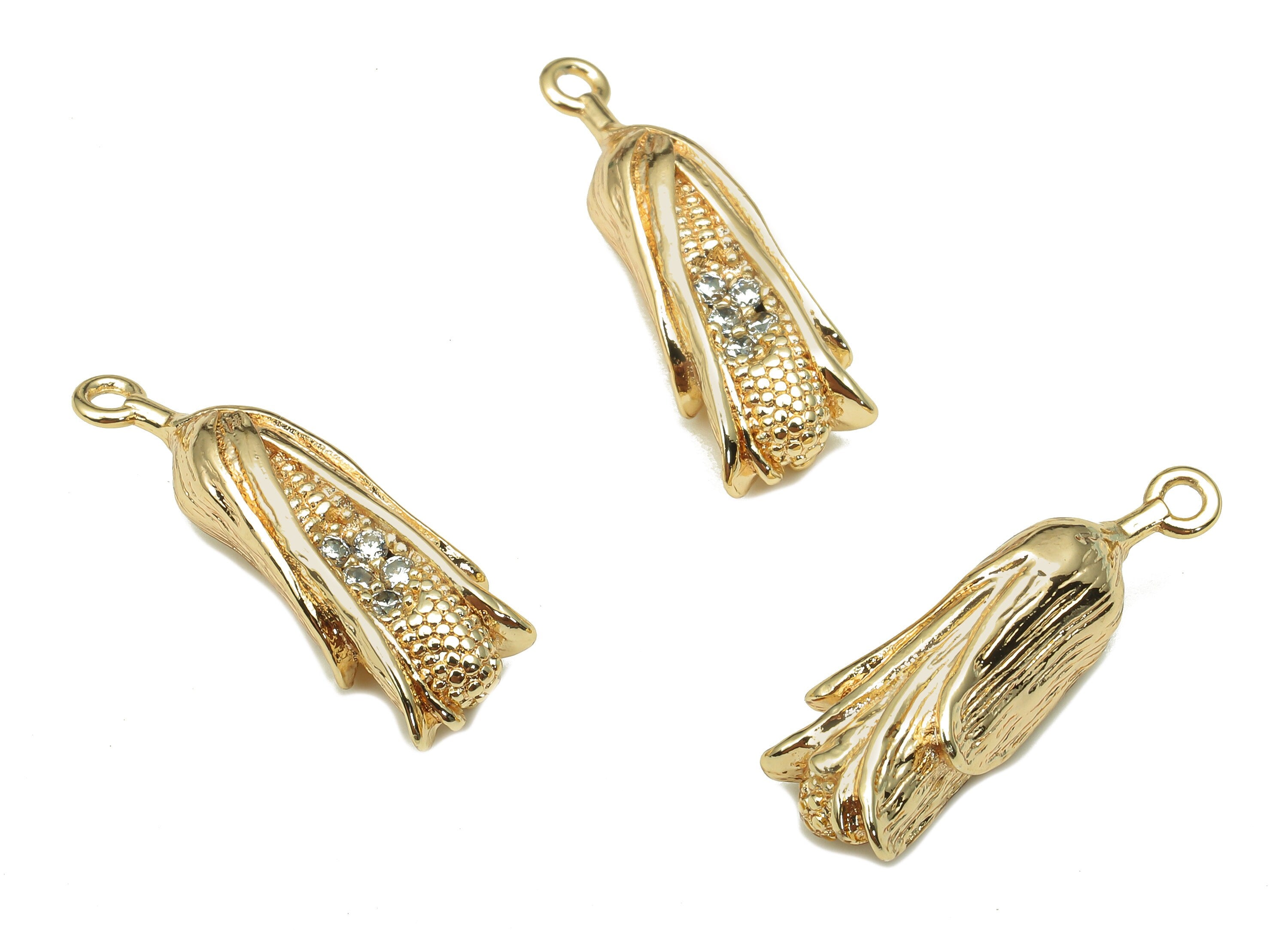 Brass Corn Earring Charm - Gold Zircon Cornhusk Vegetable Charm - Maize Pendant With Loop - 18K Real Gold Plating - 21.5x6.8x6mm - RGP5329 - DOMEDBAZAAR