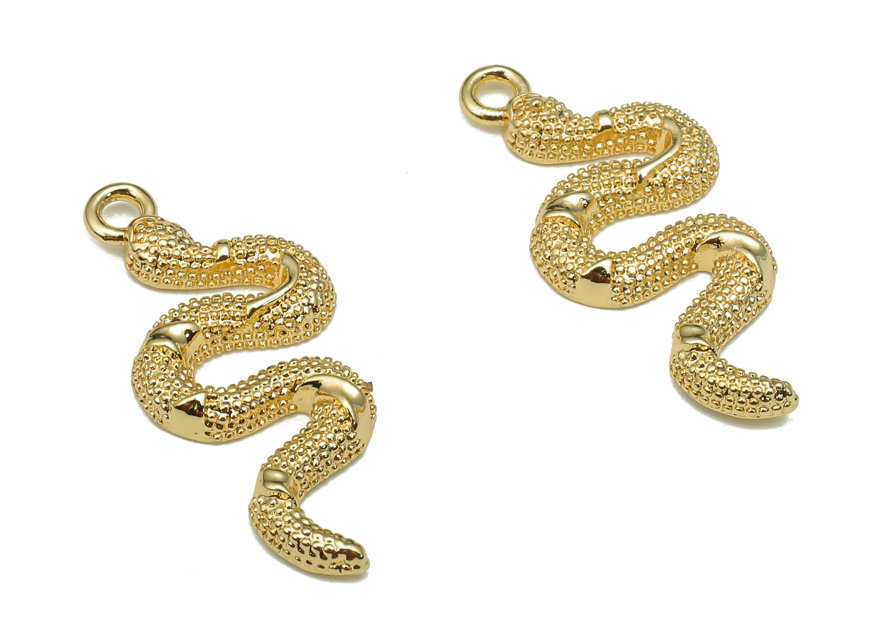 Brass Dot Snake Pendant - Gold Snake Spot Earring Charm - Pendant With Loop - For Necklace - 18K Real Gold Plating - 26.3x11.2x2.5mm-RGP5319 - DOMEDBAZAAR