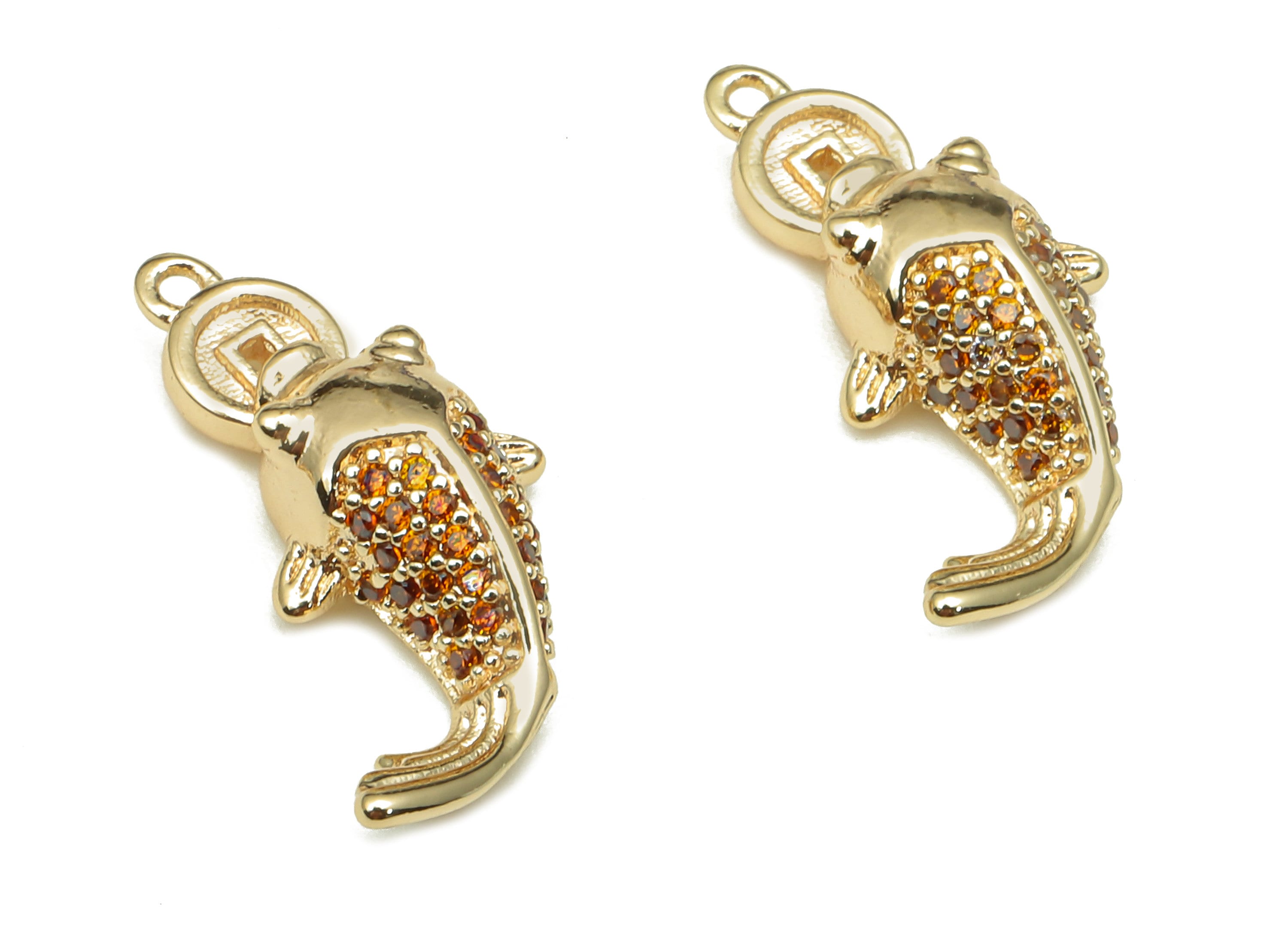 Brass Dot Fish Pendant - Zircon Spot Goldfish Earring - Charm With Loop - For Necklace - 18K Real Gold Plating - 18.5x8.2x4.9mm - RGP5328 - DOMEDBAZAAR