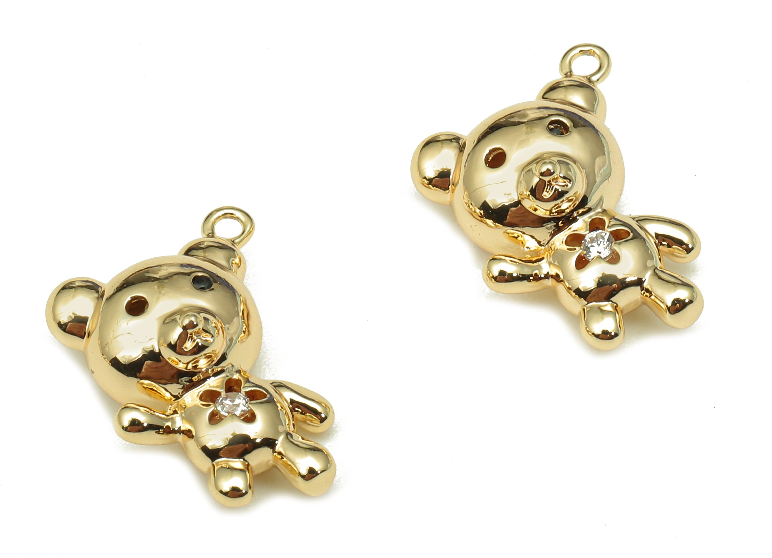 Brass Teddy Bear Charm - Zircon Baby Bear Earring - Animal Pendant With Loop - For Necklace - 18K Real Gold Plating - 15x10.8x6mm -RGP5315 - DOMEDBAZAAR