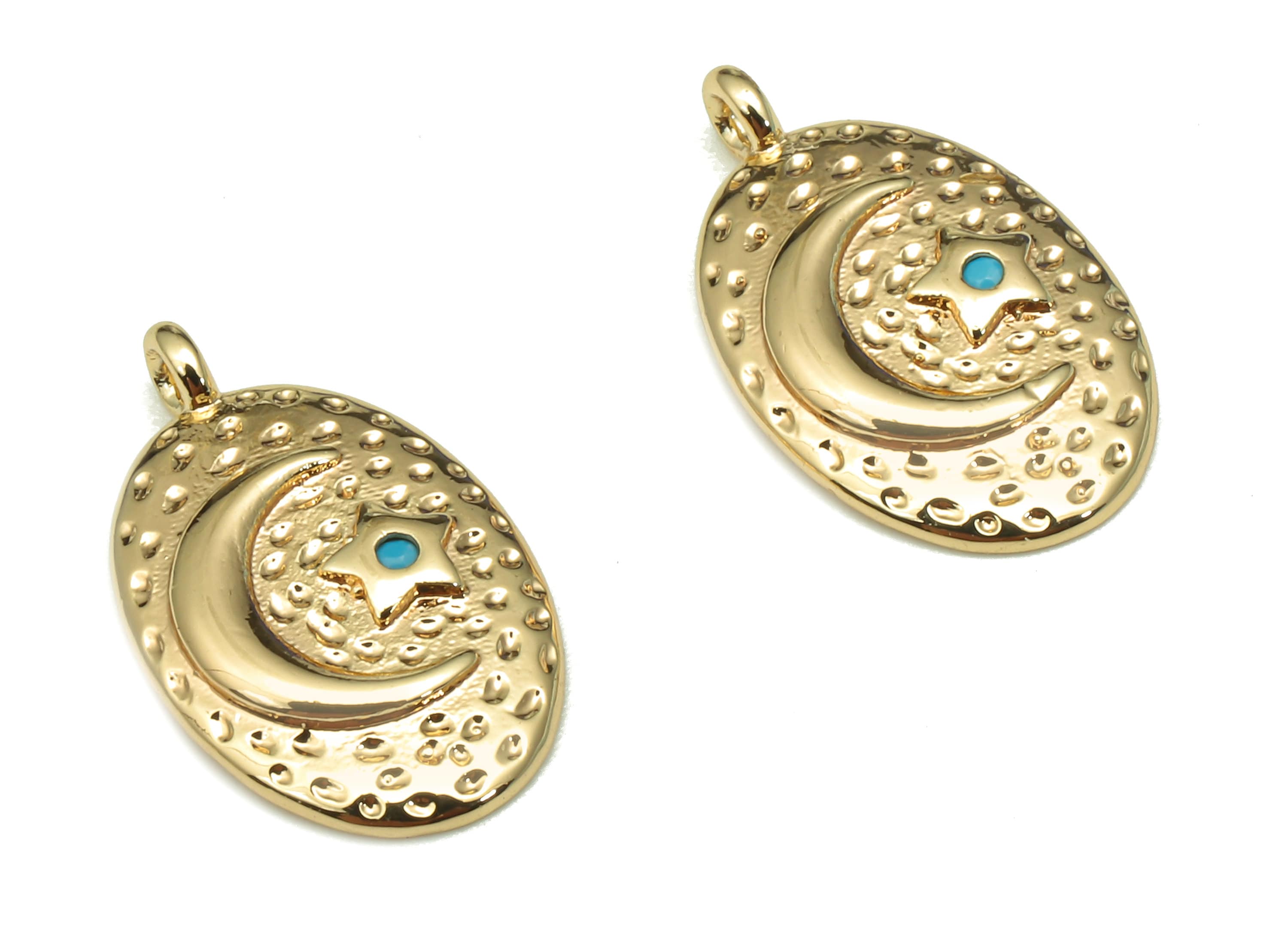 Brass Hammered Moon Star Earring - Zircon Dot Textured Oval Charm - Crescent Pendant With Loop -18K Real Gold Plating-15.8x9.5x1.8mm-RGP5314 - DOMEDBAZAAR