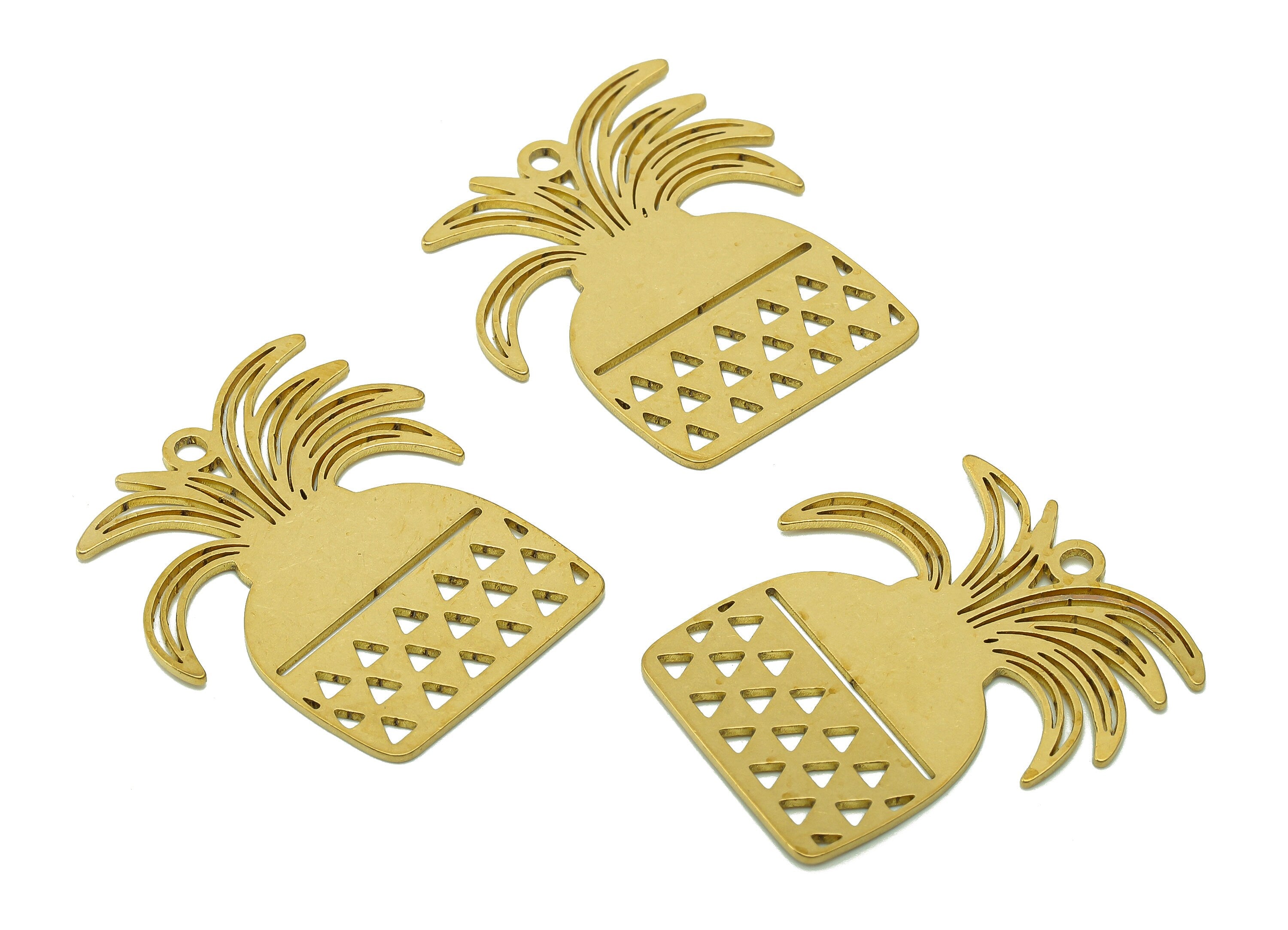 Brass Pineapple Earring Charms - Raw Brass Flower Pot Earring - Botanical Pendant With Loop - Fruit For Necklace - 31.8x28.4x0.8mm - PPA6347 - DOMEDBAZAAR