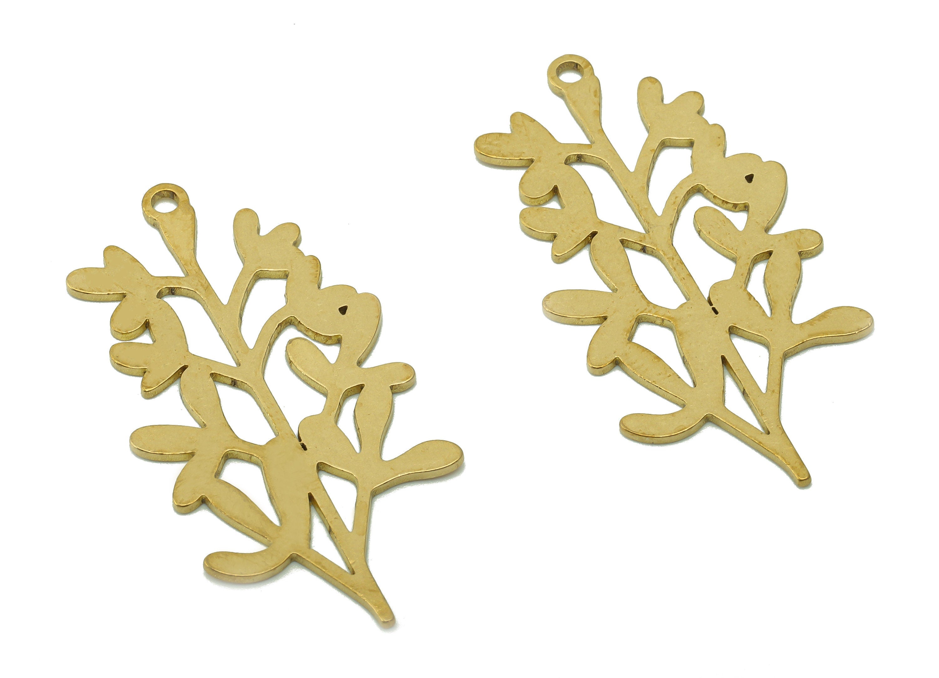Brass Leaves Earring Charms - Raw Brass Plant Earring - Botanical Pendant With Loop - Tree Leaf Branch Charm - 37.8x18.6x0.8mm - PPA6350 - DOMEDBAZAAR