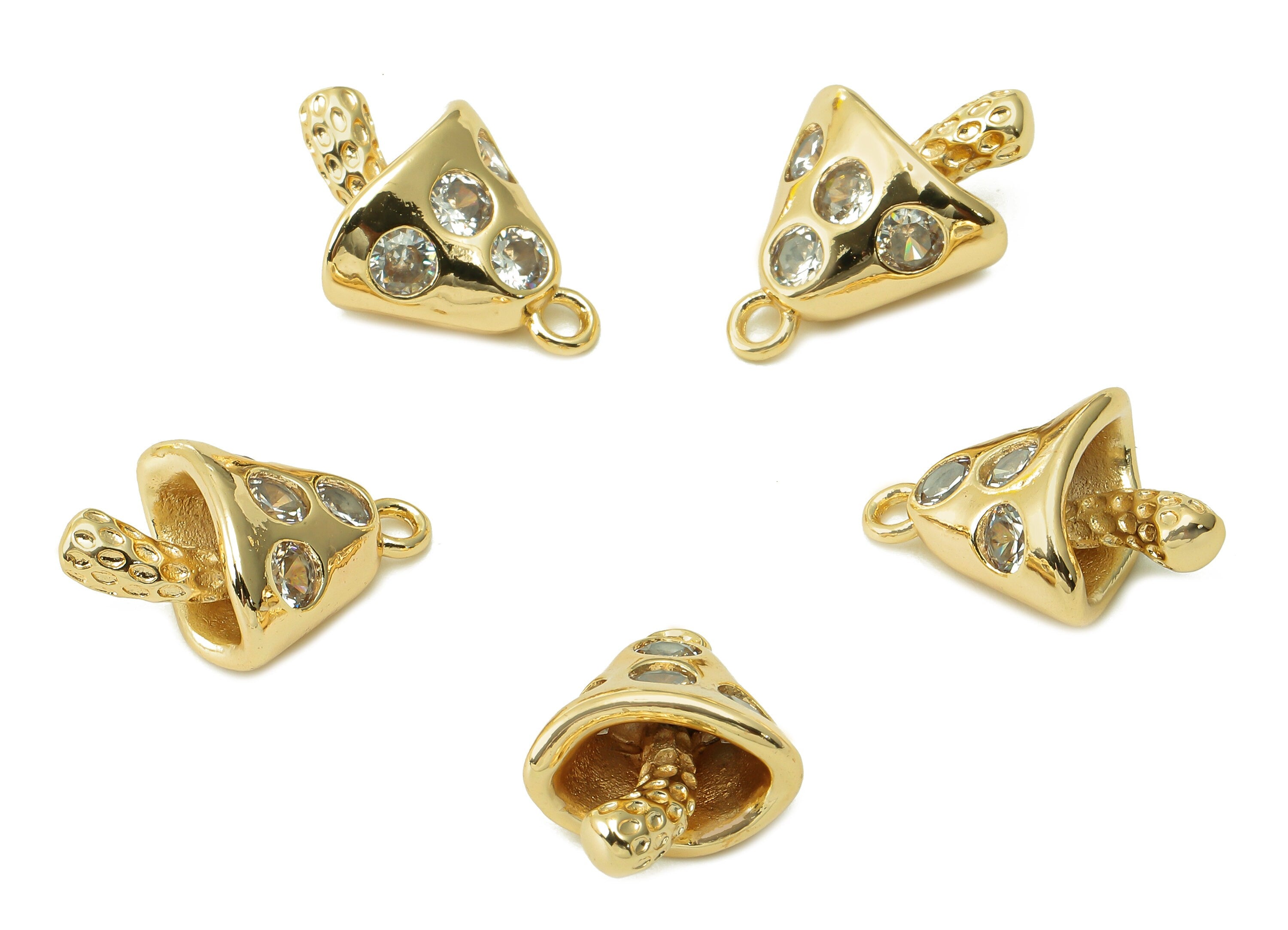 Brass Mushroom Earring Charm - Gold Vegetable Earring With Zircon - Pendant With Loop - 18K Real Gold Plating - 17.8x12.2x7.9mm - RGP5359 - DOMEDBAZAAR