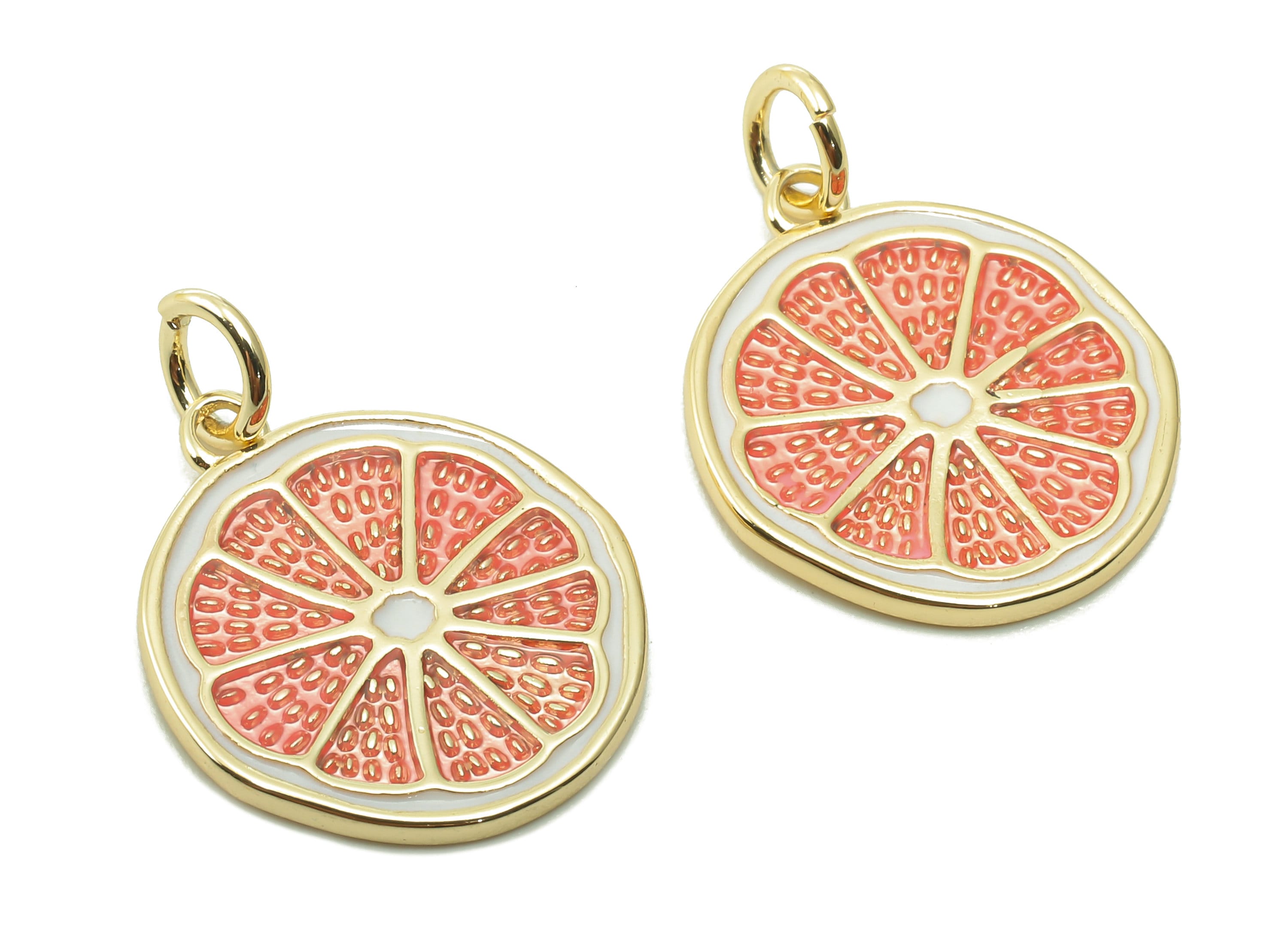 Brass Lemon Slices Earring Charm - Enamel Pink Fruit Earring - Round Pendant With Loop - 18K Real Gold Plating - 20.6x15.3x1.2mm -RGP5356A - DOMEDBAZAAR