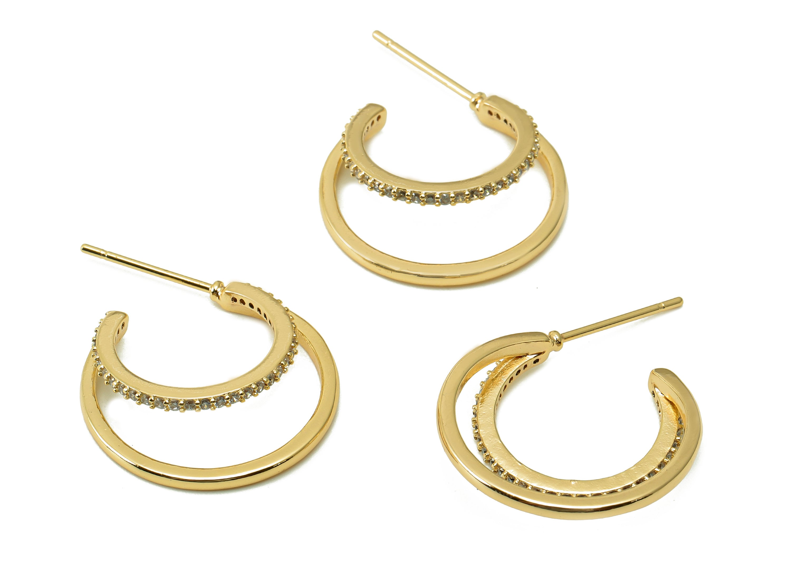 Brass Crescent Earring Post - Zircon Moon Earring Stud - 316 Stainless Steel Stud - 18K Real Gold Plating - 19.9x18.8x1.3mm - RGP5364 - DOMEDBAZAAR