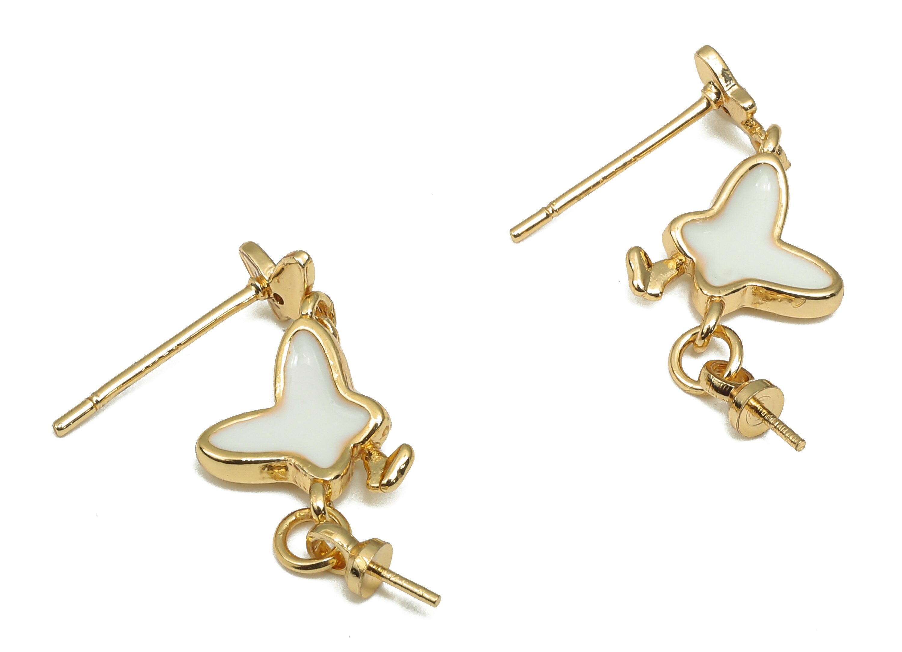 Brass Enamel Butterfly Earring Stud - Zircon Butterfly Post - 925 Silver Stud For Pearl - 18K Real Gold Plating - 26.04x8.8x2.9mm - RGP4614 - DOMEDBAZAAR