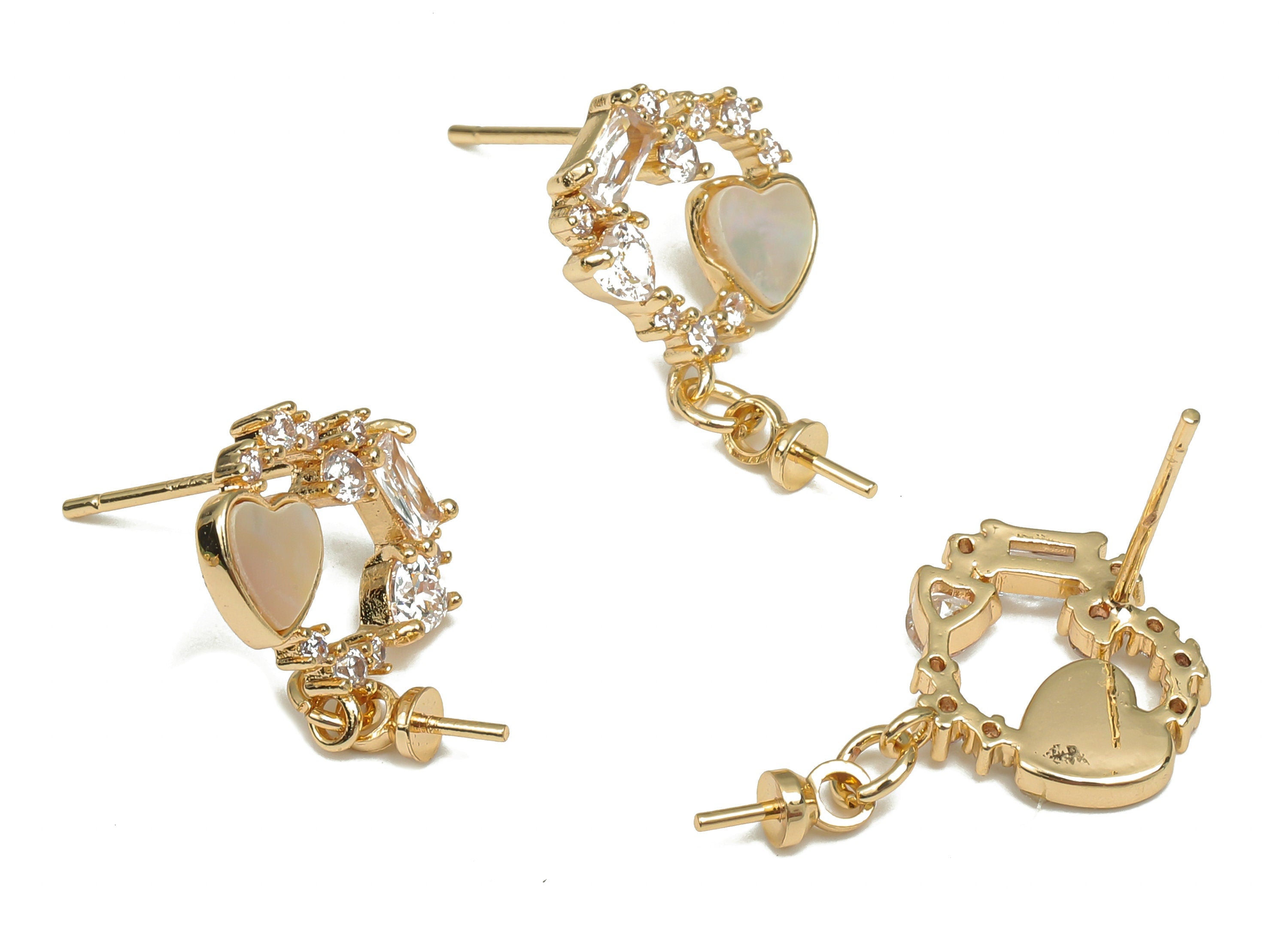 Brass Shell Heart Earring Stud - Zircon Heart Earring Post - 925 Silver Stud For Pearl - 18K Real Gold Plating - 20.1x12.8x2.58mm - RGP4644 - DOMEDBAZAAR