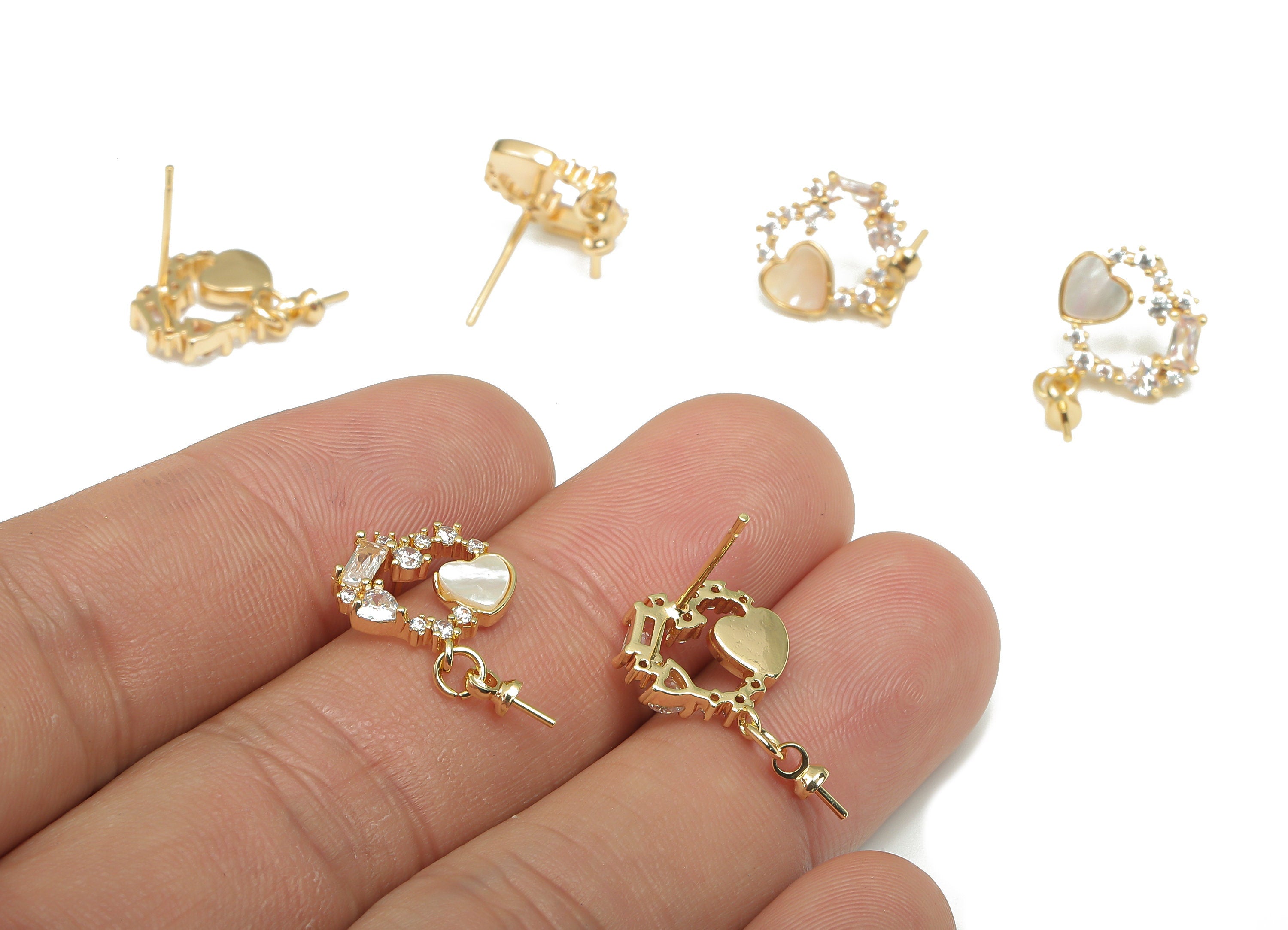 Brass Shell Heart Earring Stud - Zircon Heart Earring Post - 925 Silver Stud For Pearl - 18K Real Gold Plating - 20.1x12.8x2.58mm - RGP4644 - DOMEDBAZAAR
