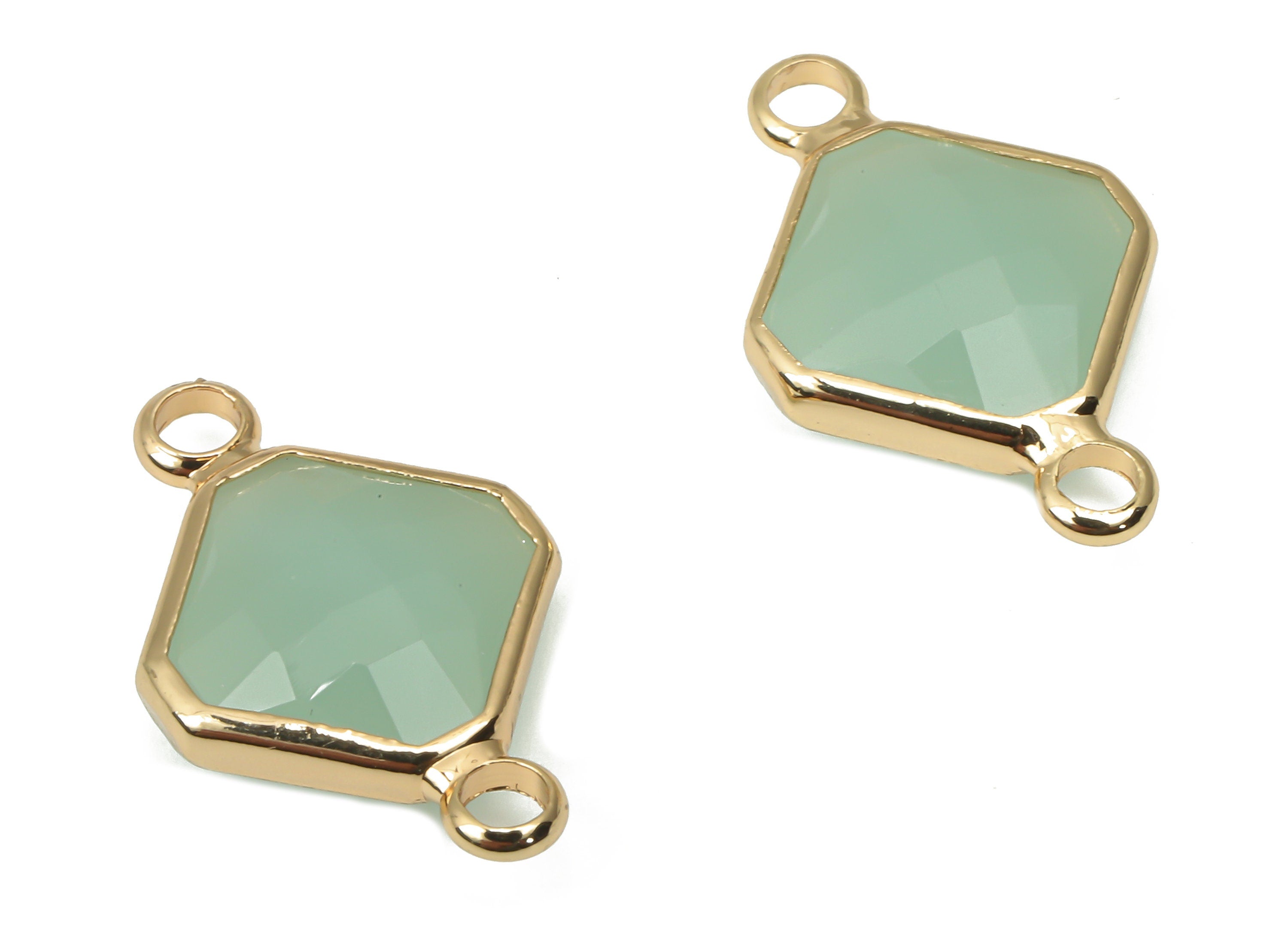 Brass Glass Diamond Earring Connectors - Green Rhombic Frame Bracelet - Gold Tone Plated Brass - Faceted Glass - 19.3x12.2x4.8mm - GS1136A - DOMEDBAZAAR