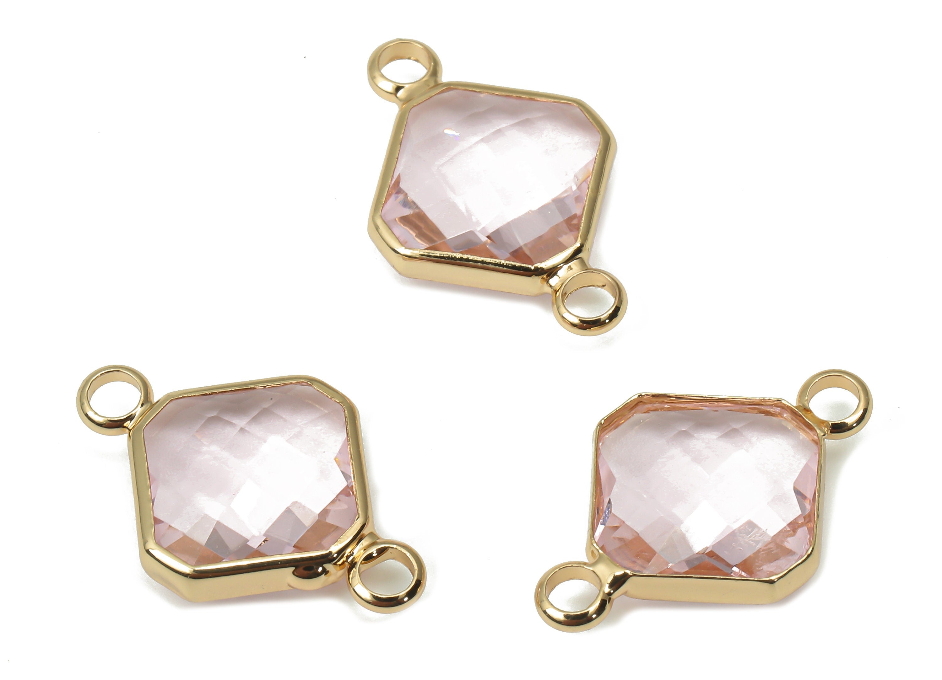 Brass Glass Diamond Earring Connectors - Clear Pink Rhombic Frame Bracelet - Gold Tone Plating - Faceted Glass - 19.1x12.2x4.85mm - GS1136B - DOMEDBAZAAR