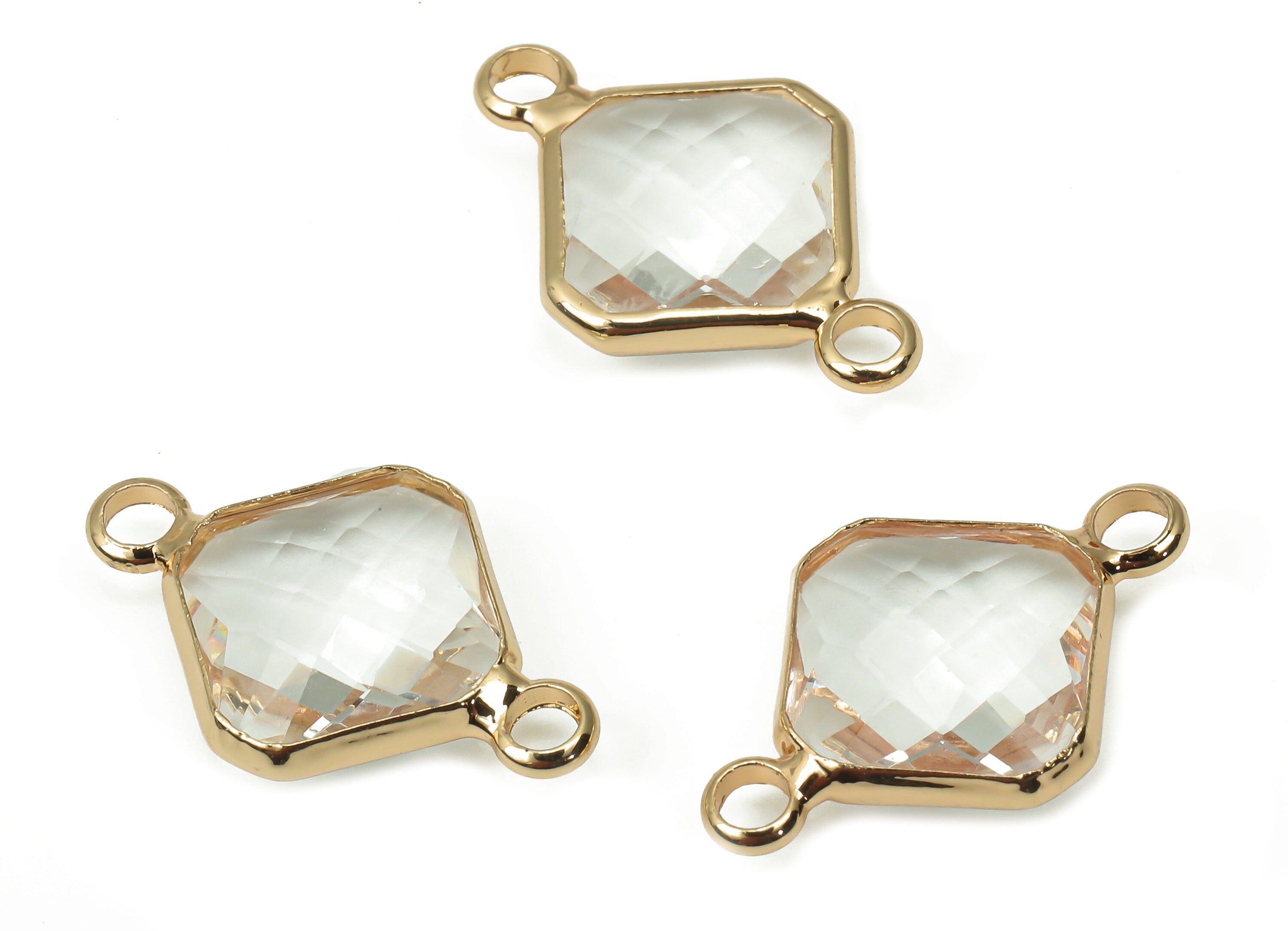 Brass Clear Glass Diamond Earring Connectors - Rhombic Frame Bracelet - Gold Tone Plating - Faceted Transparent Glass -19x12.2x4.9mm-GS1136C - DOMEDBAZAAR